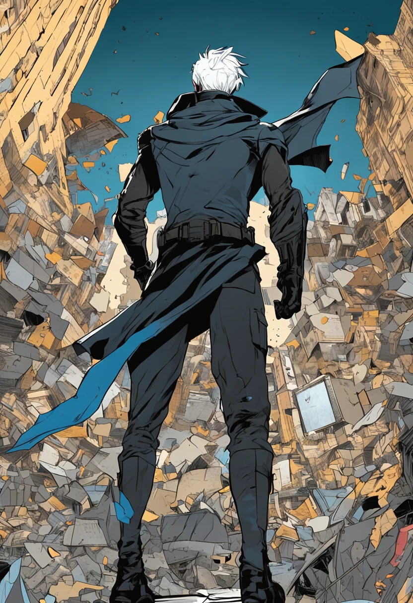 a 15-year-old man with light blue hair and black eyes, wears a black superhero outfit similar to a spy uniform with a tattered yellow cape, an aura of shadows appears behind him, his back on top of a building and is watching a city in ruins, anime, novel cover