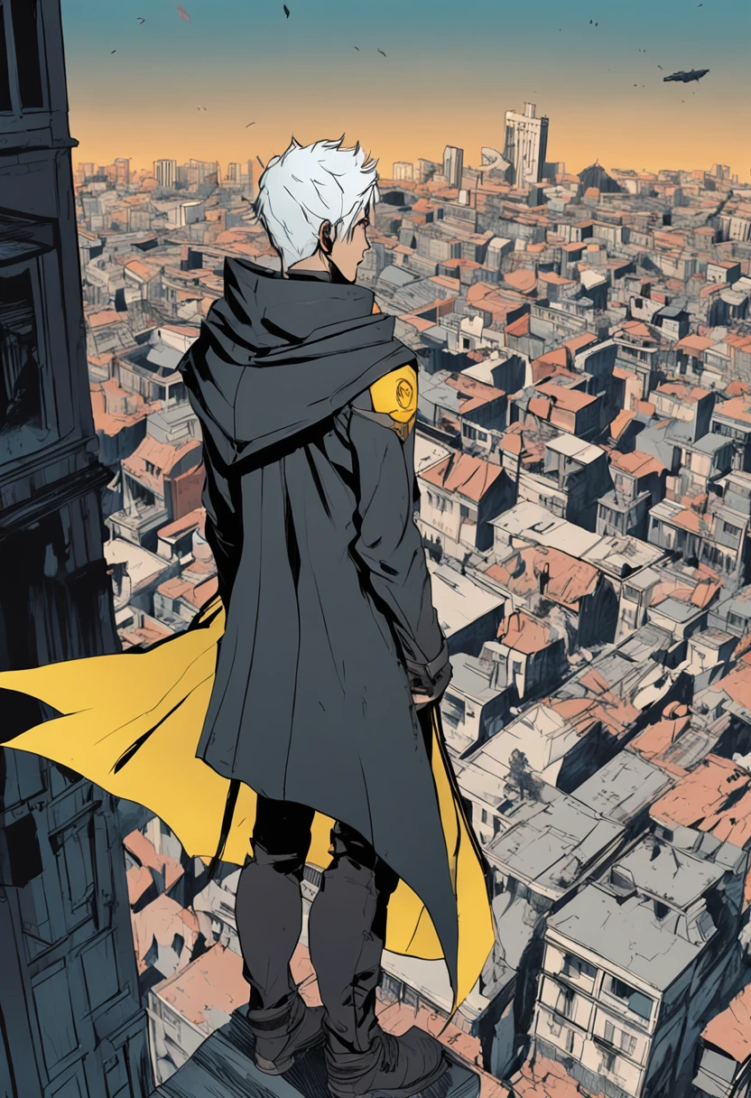 a -yeld maith light blue hair and black eyes, wears a black superhero outfit similar to a spy uniform with a tattered yellow cape, an aura of shadows appears behind him, his back on top of a building and is watching a city in ruins, anime, novel cover
