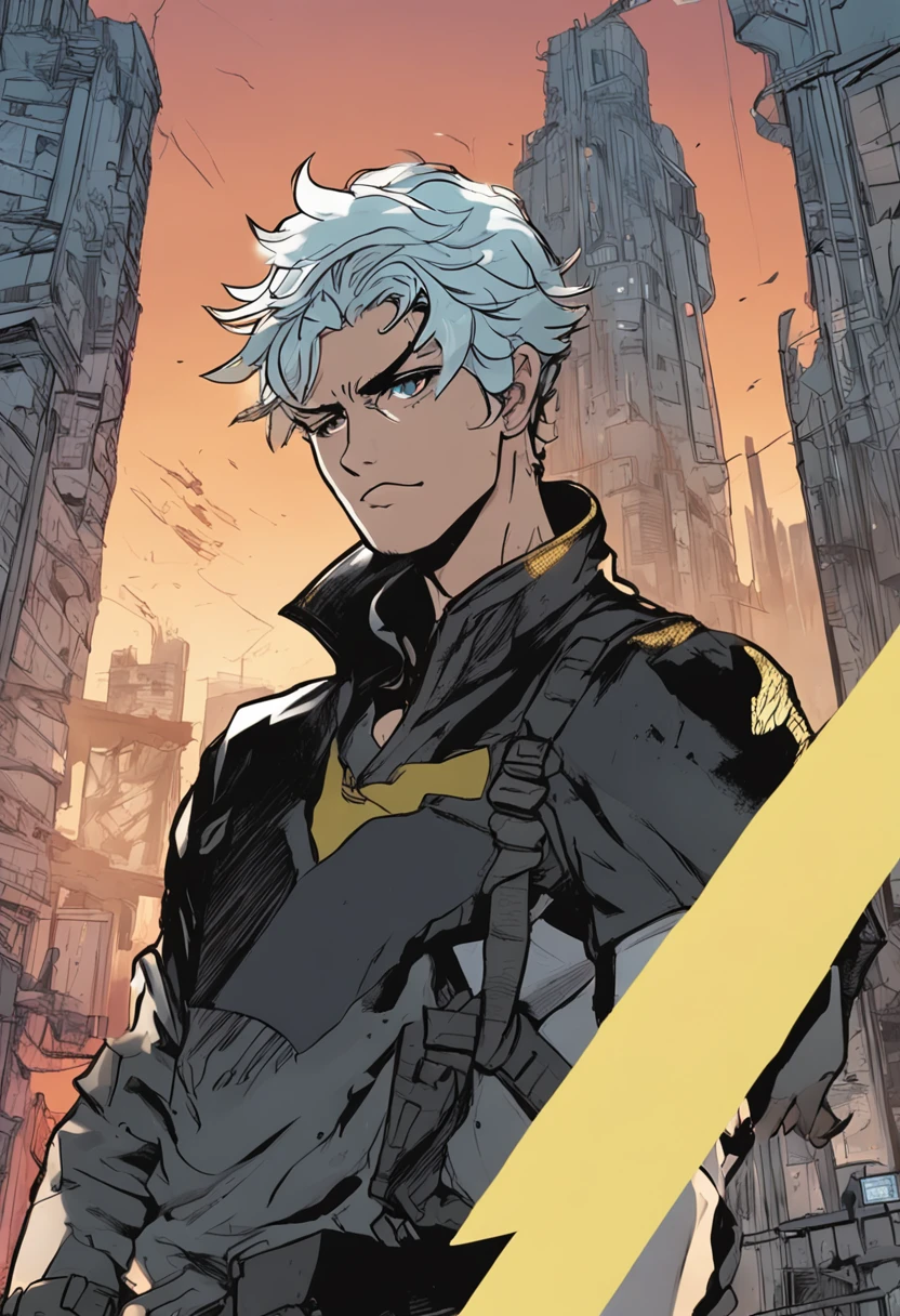a 15-year-old man with light blue hair and black eyes, wears a black superhero outfit similar to a spy uniform with a tattered yellow cape, an aura of shadows appears behind him, his back on top of a building and is watching a city in ruins, anime, novel cover