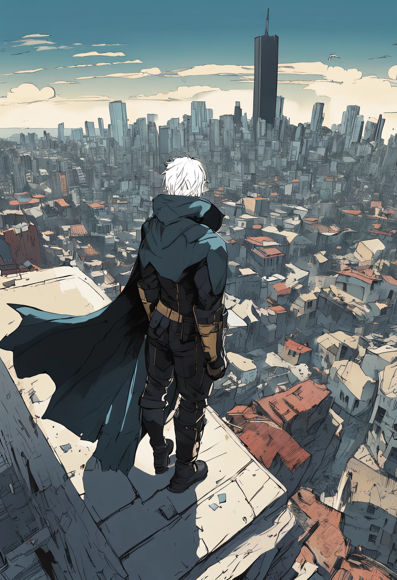 a 15-year-old man with light blue hair and black eyes, wears a black superhero outfit similar to a spy uniform with a tattered yellow cape, an aura of shadows appears behind him, his back on top of a building and is watching a city in ruins, anime, novel cover