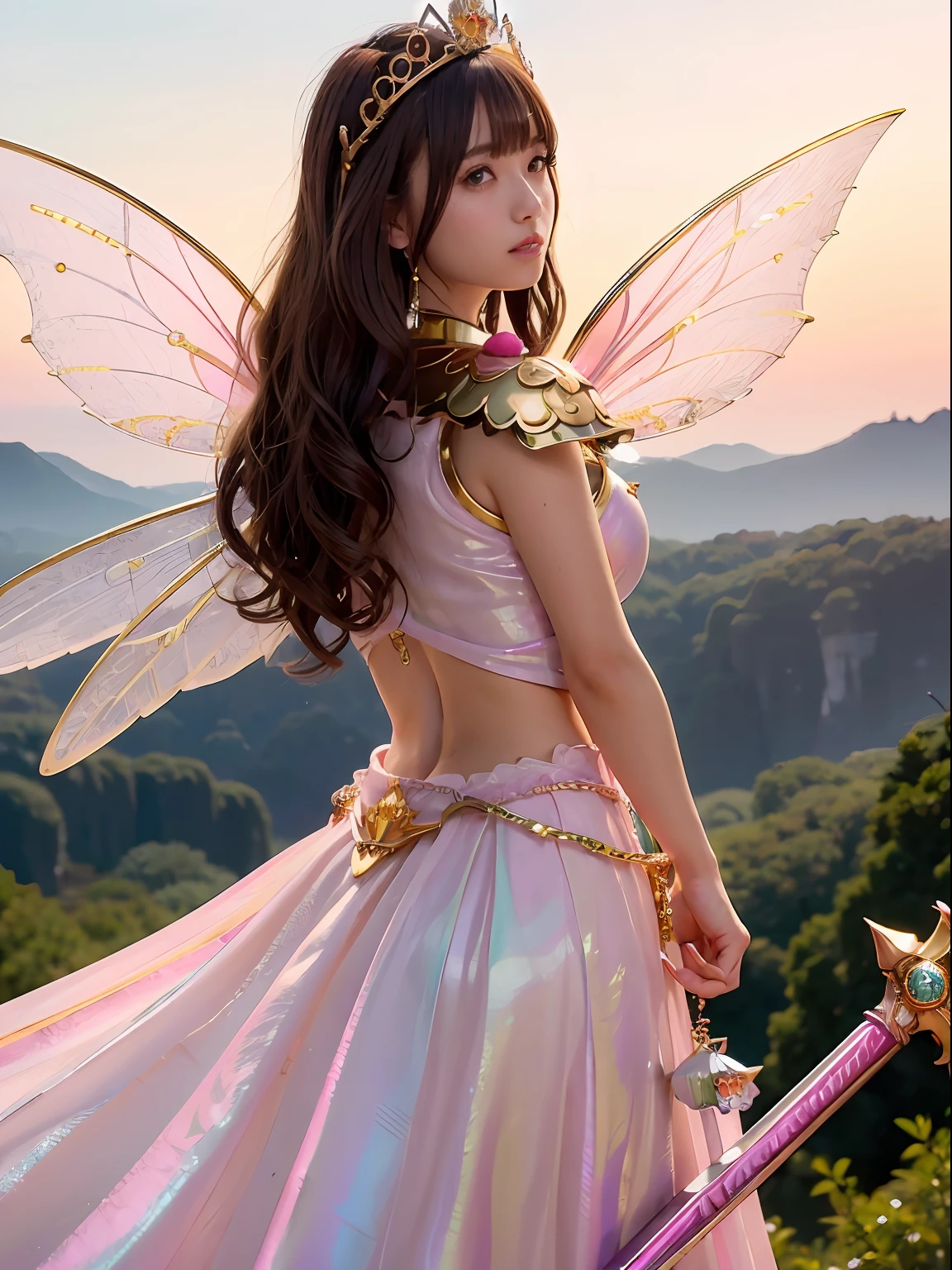 (masutepiece), Professional , masterpiece、top-quality、photos realistic , depth of fields (Gemstone Silver Metal Body:1.9),(Matte Pink、Jewel Gold Weapon、(Gorgeous castle background)、(ultimate beauty girl)、(Iridescent fairy wings grow on the back)、(Jewel Metal Body:1.9),Gorgeous Jewel Metal Weapons , Detailed Sword of the Brave ,( a blond) ,warhammer 40k , adepta sororitas,Detail and ornate jewel crown、独奏、Brown hair、(Gangle's forest background)、Beautiful Caucasian beauty、1a person、dynamic ungle,(((Diamond tiara with detail and luxury)))、a small face、Powerful poses、(Gorgeous castle background)、huge filesize、20 year old beautiful woman、Stand in the center of the screen、Thin female fingers、Straight long hair、Beautiful Caucasian beauty、Valley、Hair fluttering in the wind、