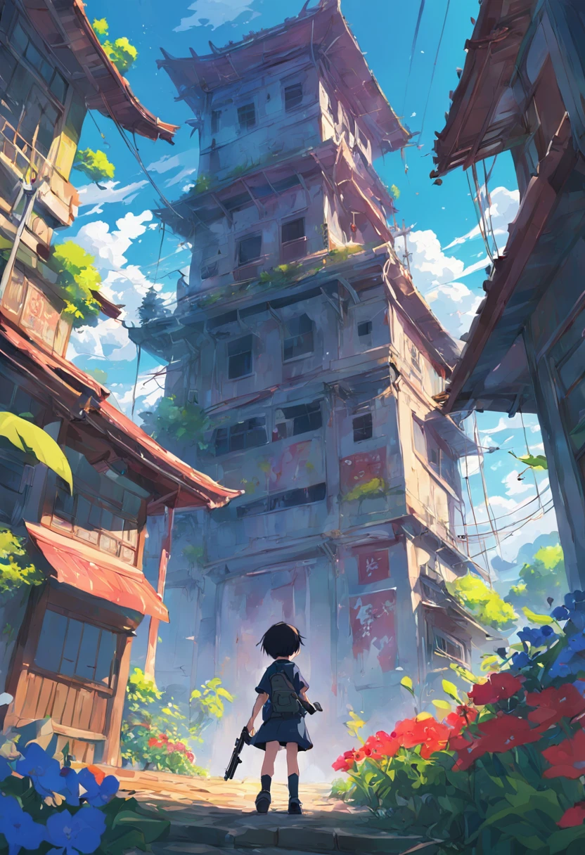 Background Illustration, concept-art, shootout, 废墟, Tall structures, Summer scenery, Dynamic Angle, Child soldiers, colorful flower