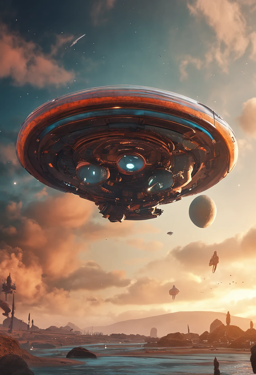 creates a scene where oval-shaped alien ships are arriving in the sky