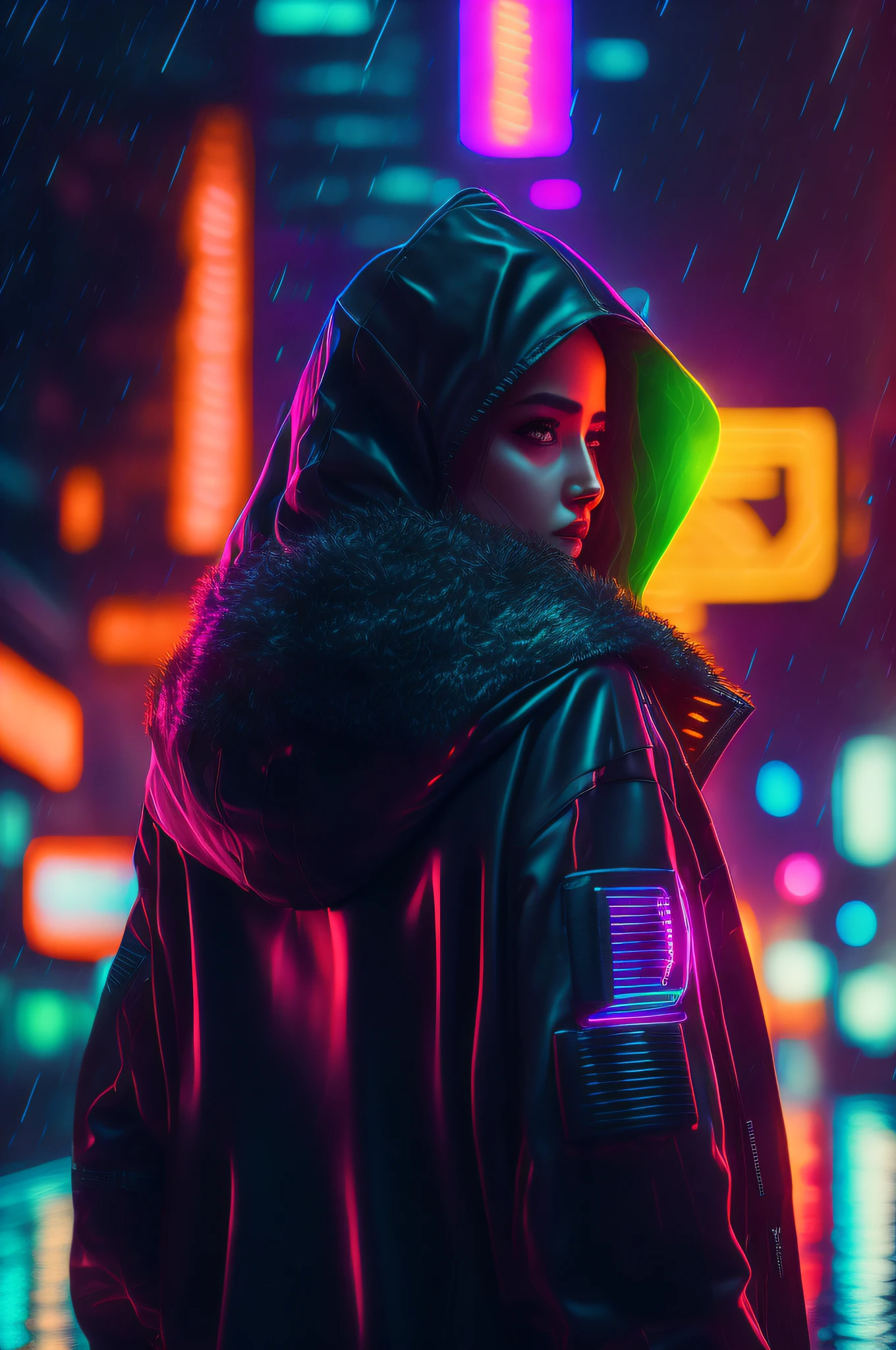 "Woman in a cyberpunk hoodie suit in a city full of neon lights, rodeado de letras. Image must be in 8k resolution, mostrando el cuerpo completo de la mujer desde una vista trasera. Capture the rainy atmosphere with a SONY Alpha A2 camera, garantizando una calidad ultradetallada y UHD."