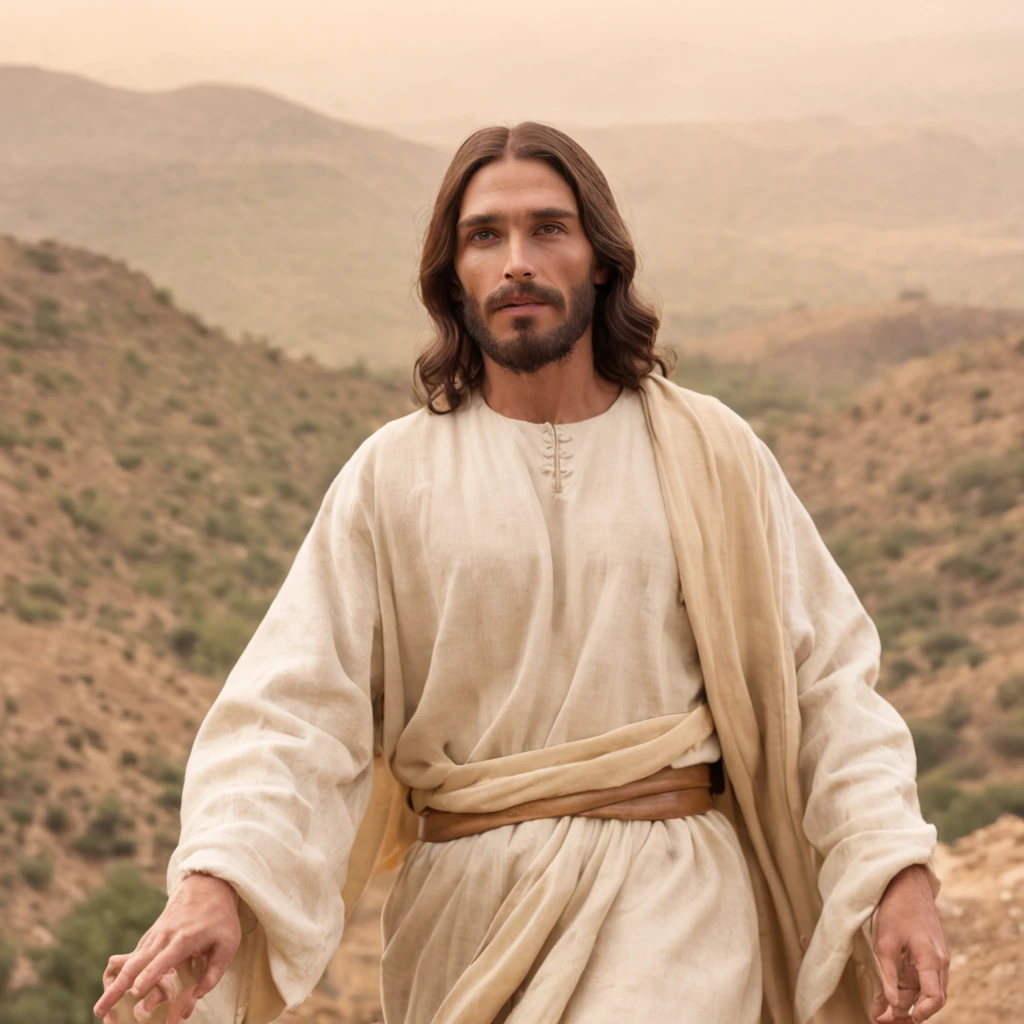 Jesus in the hills of Judea with dust, telling parables to his people, in dynamic pose, fantastic location, majestoso ambiente desordenado
