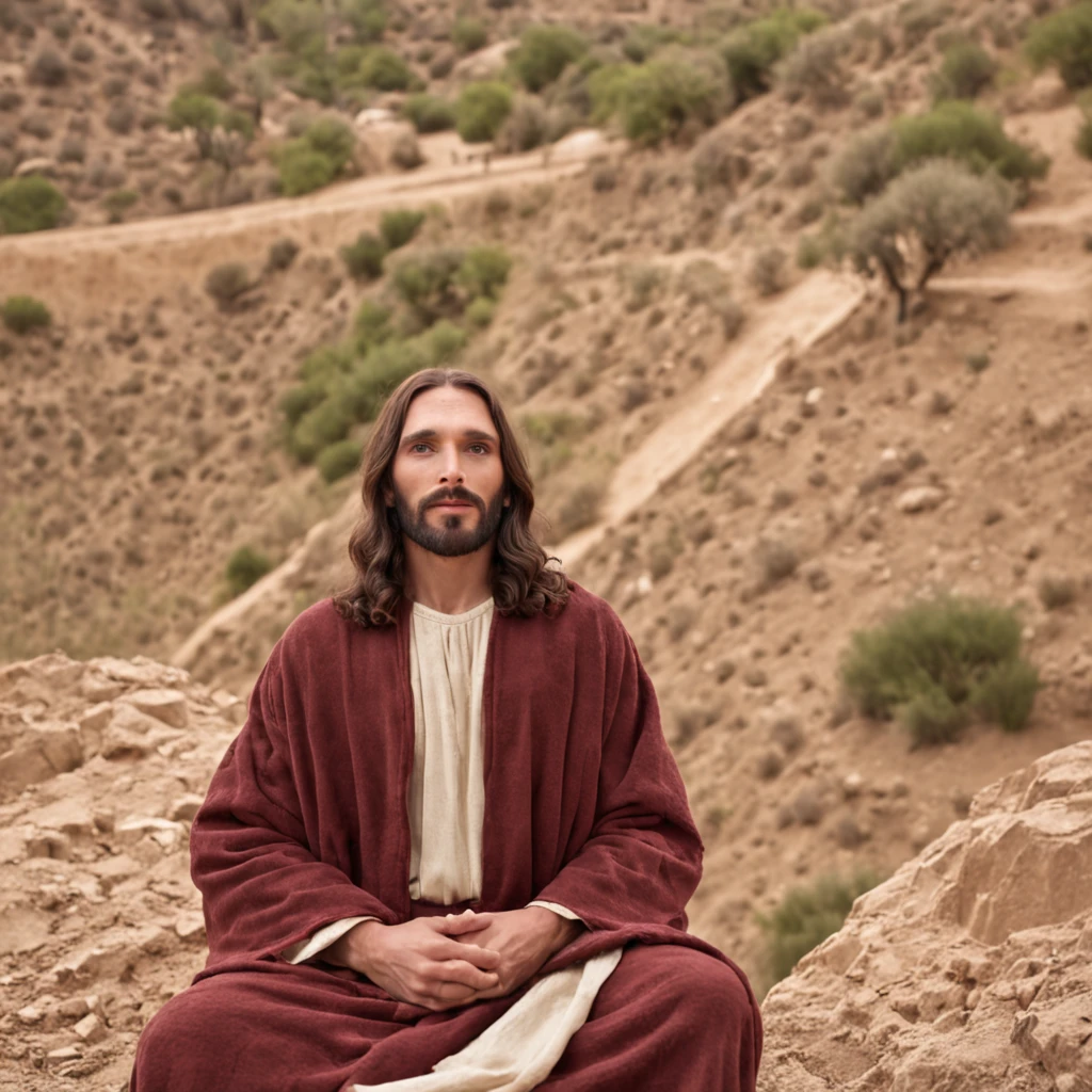 Jesus in the hills of Judea with dust, telling parables to his people, in dynamic pose, fantastic location, majestoso ambiente desordenado