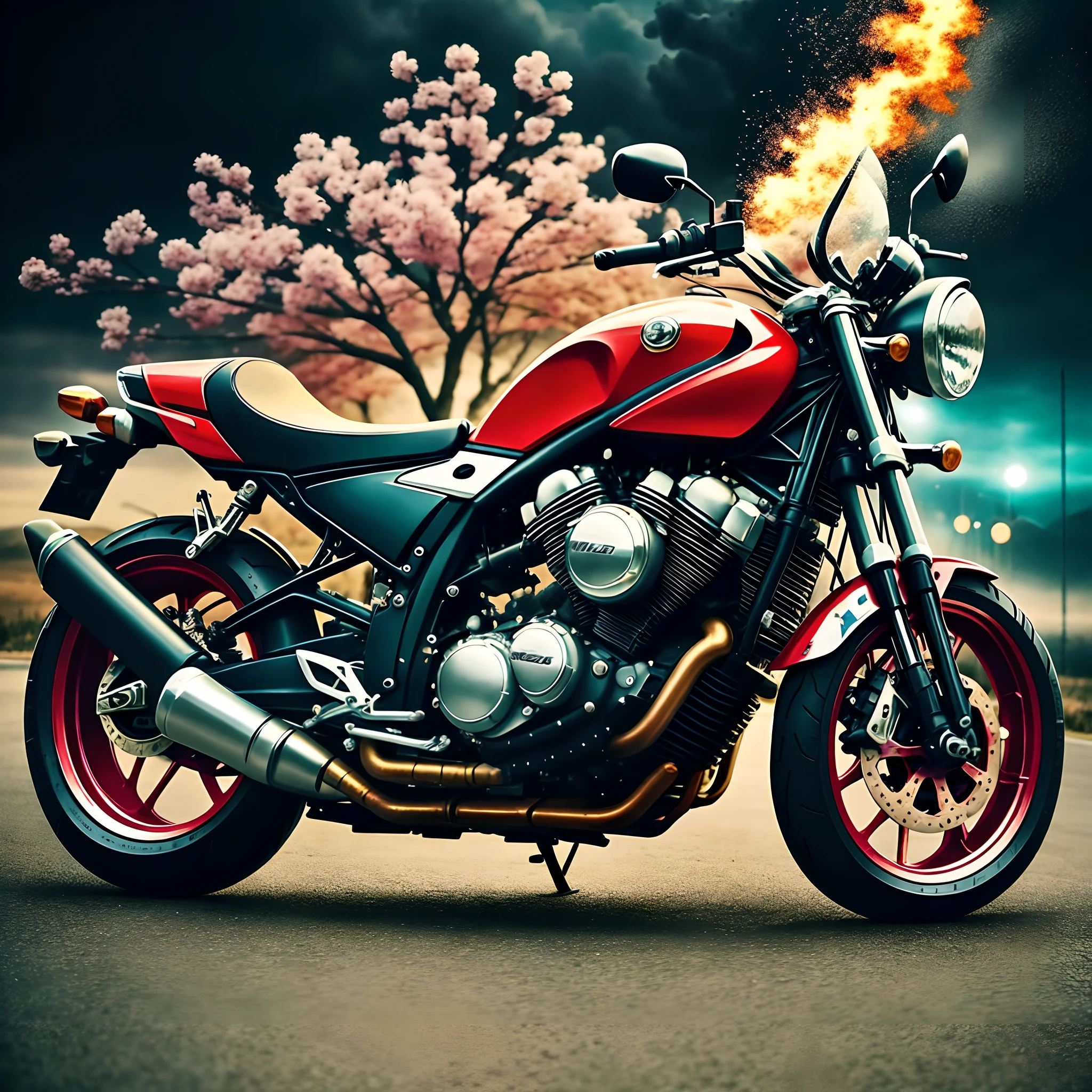 motorcycle,flower,character,Chibi,real,art, explosion,
yang08k, photography, beautiful,  colorful,realistic,
masterpieces, top quality, best quality, official art, beautiful and aesthetic,