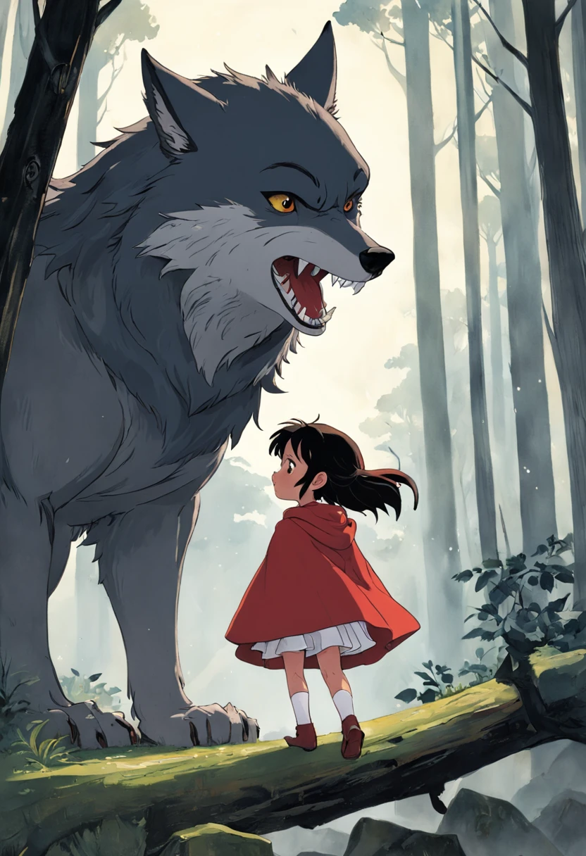 Uma menina em uma capa vermelha, Chapeuzinho Vermelho, Um grande lobo mau, Chapeuzinho Vermelho, classic children's illustration, Chapeuzinho Vermelho, Grande Lobo Mau Grande, Chapeuzinho Vermelho, The wolf threatens the girl, , story book illustration, Ricardo Scarry, story book illustration, fairy tale illustrations, storybook art, por Jack Davis, storybook illustation, por Maurice Sendak, , detalhado,