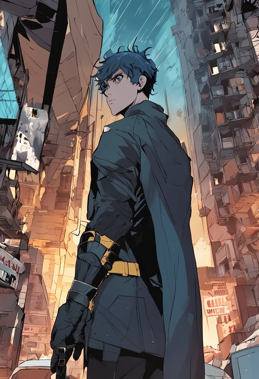a 15-year-old man with blue hair and black eyes, wears a black superhero outfit similar to a spy uniform with a tattered yellow cape, an aura of shadows appears behind him, his back on top of a building and is watching a city in ruins, anime, novel cover