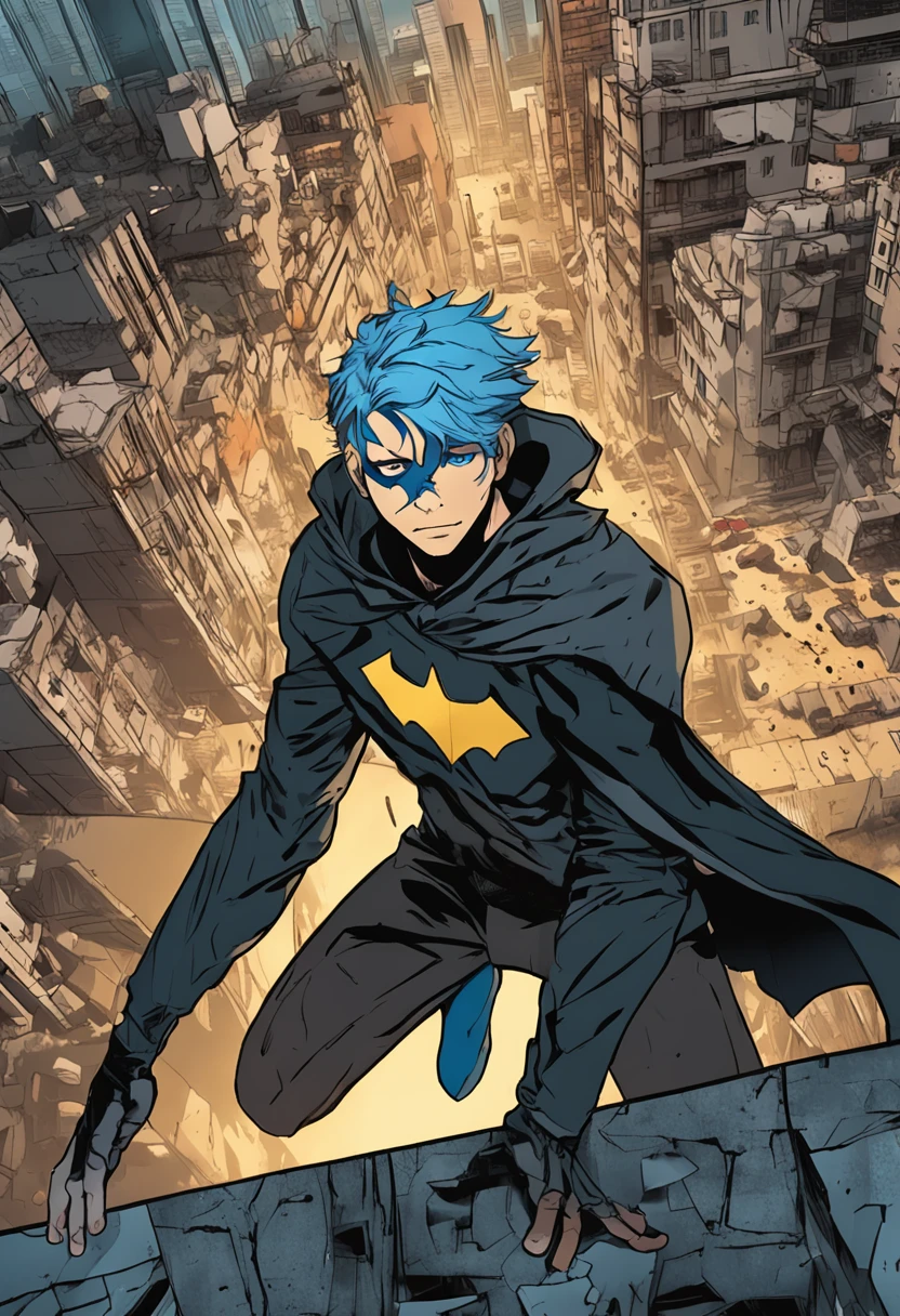 a 15-year-old man with blue hair and black eyes, wears a black superhero outfit similar to a spy uniform with a tattered yellow cape, an aura of shadows appears behind him, his back on top of a building and is watching a city in ruins, anime, novel cover