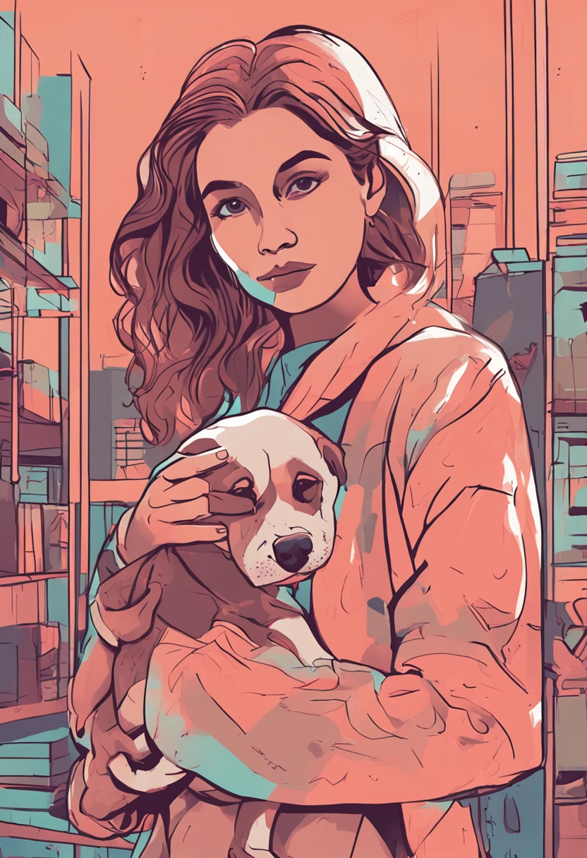 Girl holding a puppy, interaction, illustration, Gradient color, Soft color palette, Hierarchical form, simplebackground, Spatial perspective is correct, large panorama, structurally correct, Depth of field, f/1.8, Best quality