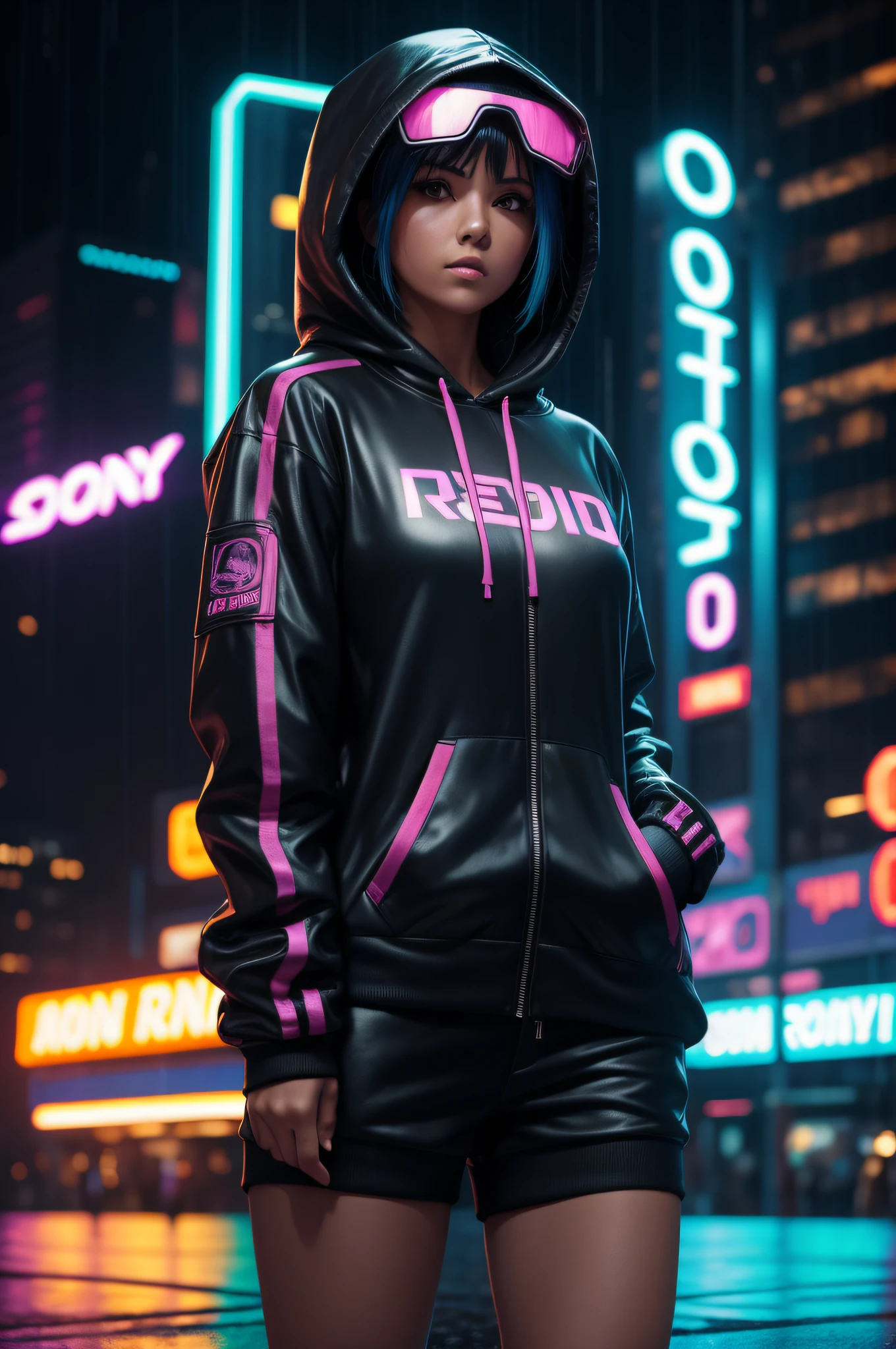 "Woman in a cyberpunk hoodie suit in a city full of neon lights, rodeado de letras. Image must be in 8k resolution, mostrando el cuerpo completo de la mujer desde una vista trasera. Capture the rainy atmosphere with a SONY Alpha A2 camera, garantizando una calidad ultradetallada y UHD."