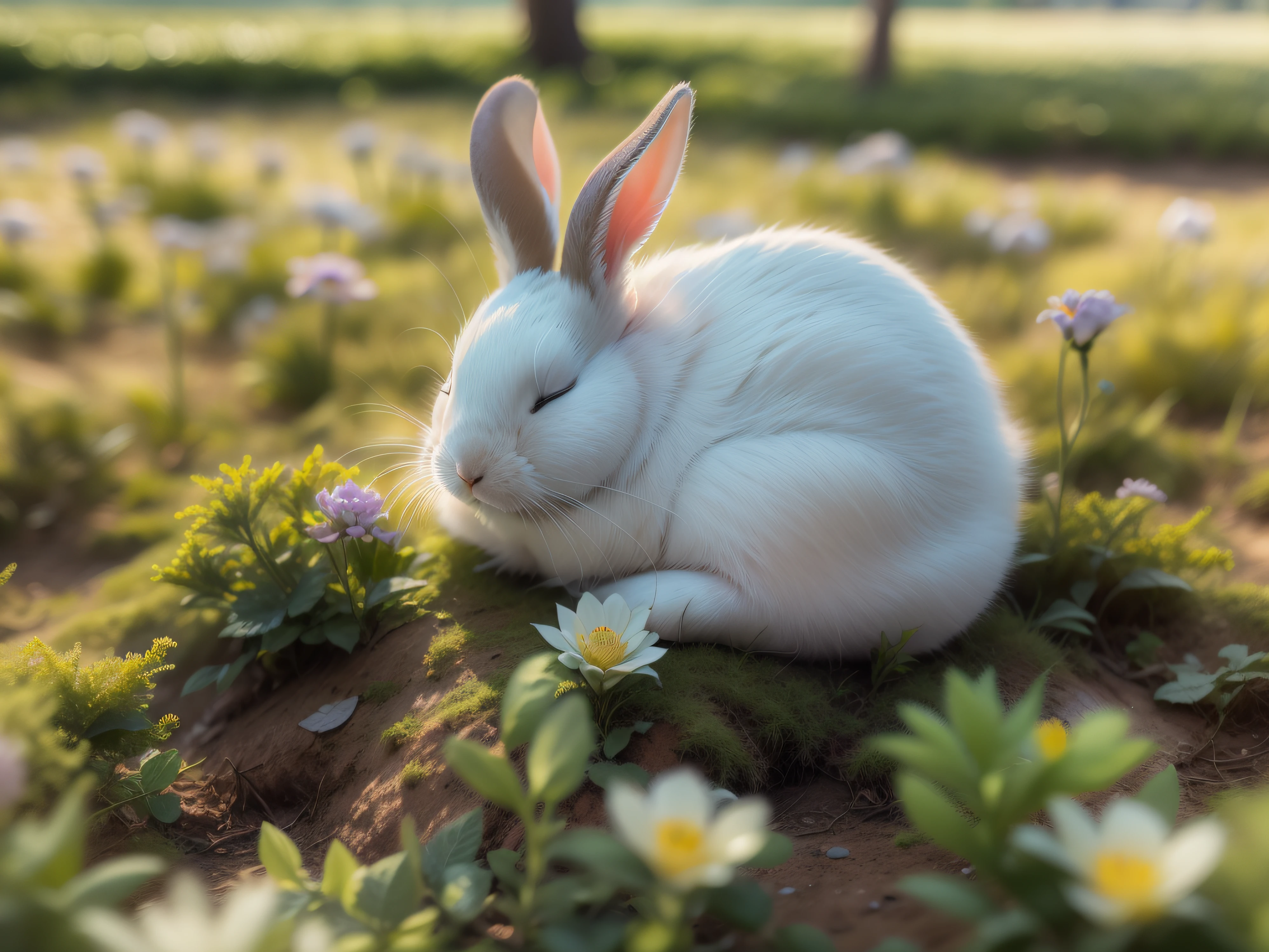 Close-up photo of white rabbit sleeping in Sunshine Park,With his eyes closed,clean backdrop,depth of fields,largeaperture,photography of,volume fog,Halo,blooms,Dramatic atmosphere,at centre,the rule of thirds,200 mm 1.4F macro shooting
