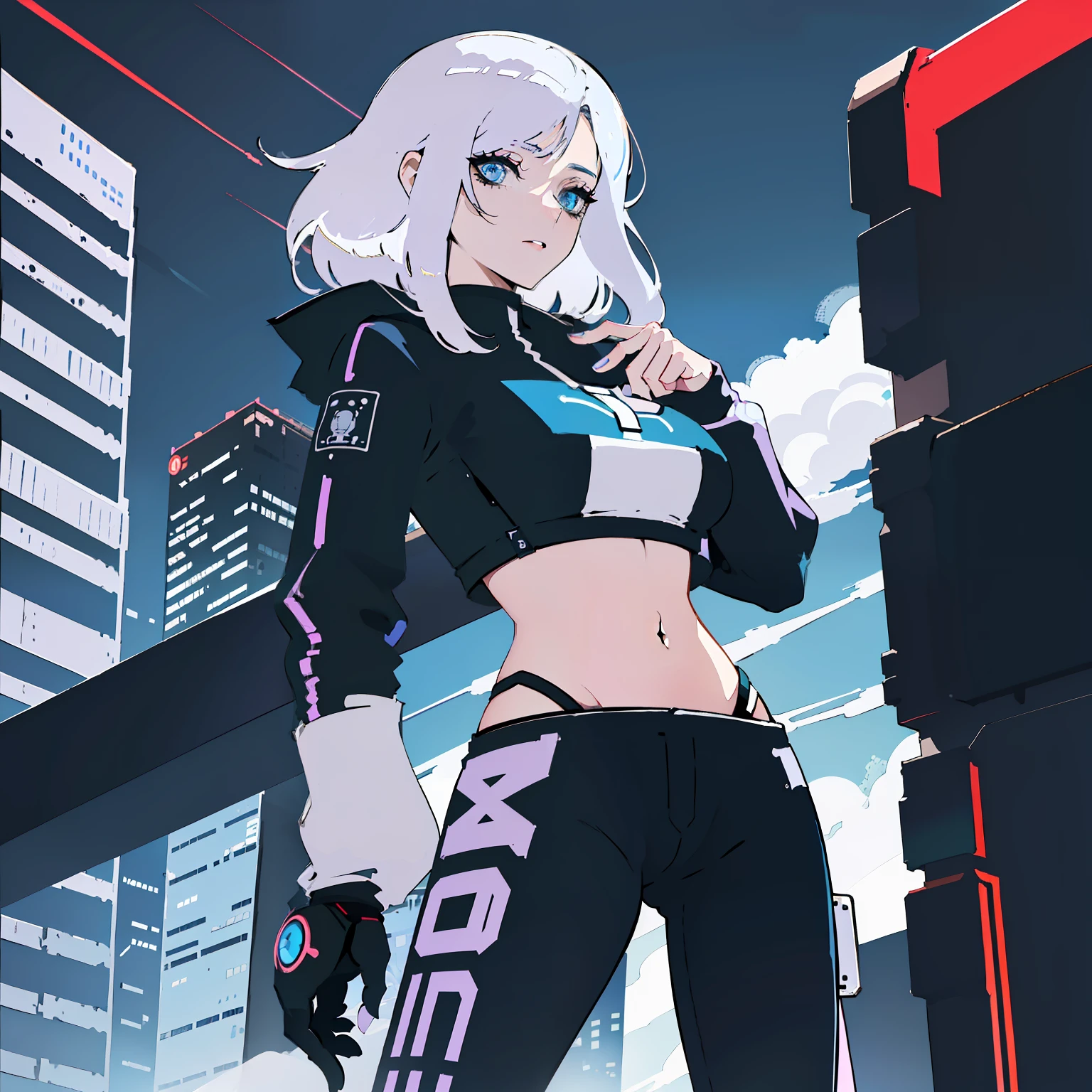 A cool beautiful woman, standing in crop top, Android, cyborg, white hair, blue eyes, robot arms, cyberpunk