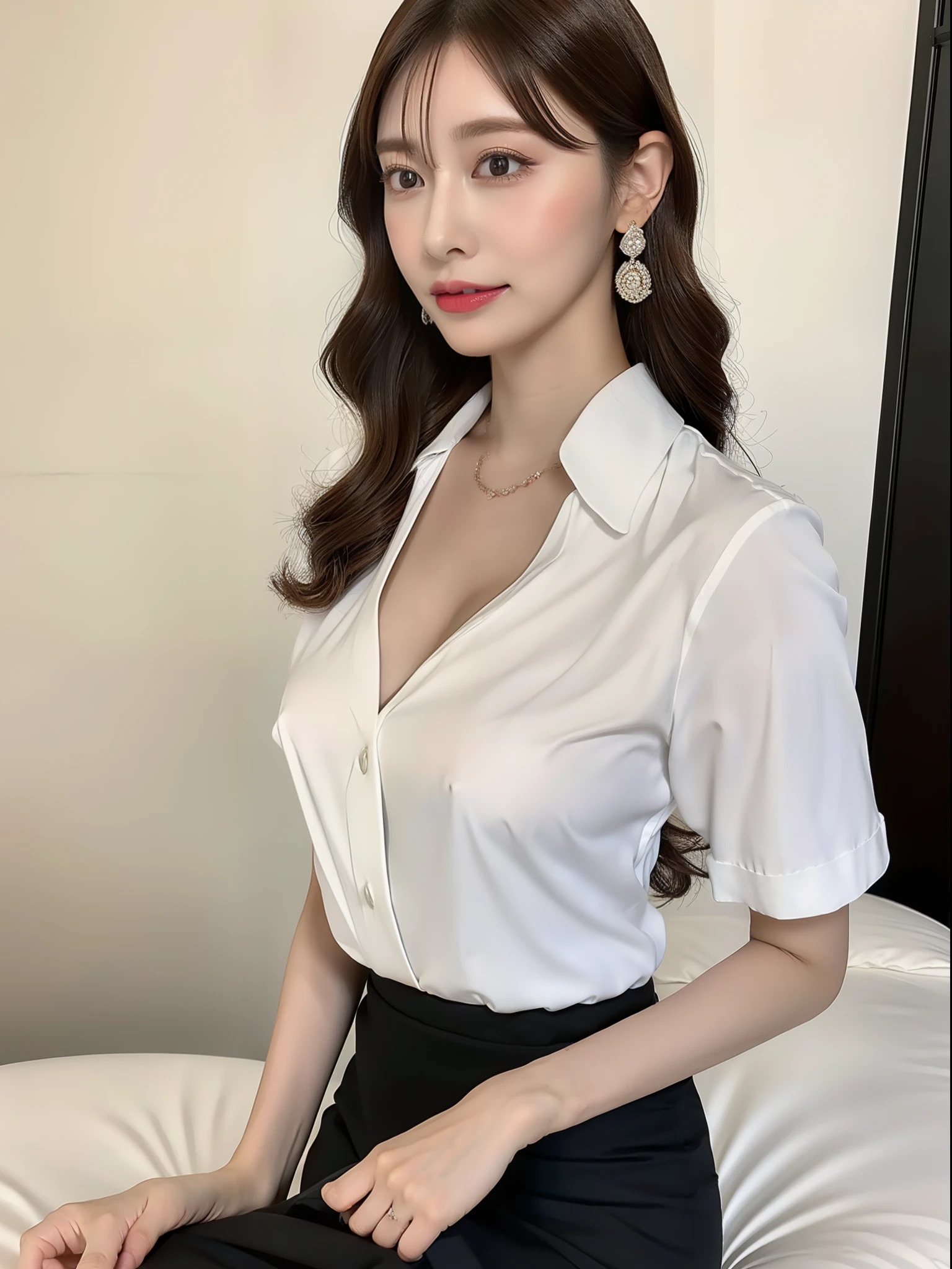 ulzzang-6500-v1.1, (RAW photo:1.2), (Photoreal), beautiful details, (genuine: 1.4), very detailed目と顔, beautiful and fine eyes, (See-through:1.3), sitting in office、sitting cross-legged、huge file size, High resolution, very detailed, highest quality, [masterpiece:1.6], enlightenment, very detailed, nffsw, finely, highest quality, 8k wallpaper, movie lighting, 1 milf, 43 years old, perfect body shape, cute droopy eyes beautiful big eyes、((muste piece)), highest quality, 1 milf, eye shadow, portrait, ((full body shot:1.2))、(very affectionate smile:1.2)、((very long legs:1.3)),(elegant brown hair:1.4)),((Elegant hairstyle:1.3)), ((white silk sleeveless blouse_mini skirt:1.4)), ((super realistic pantyhose:1.3)),