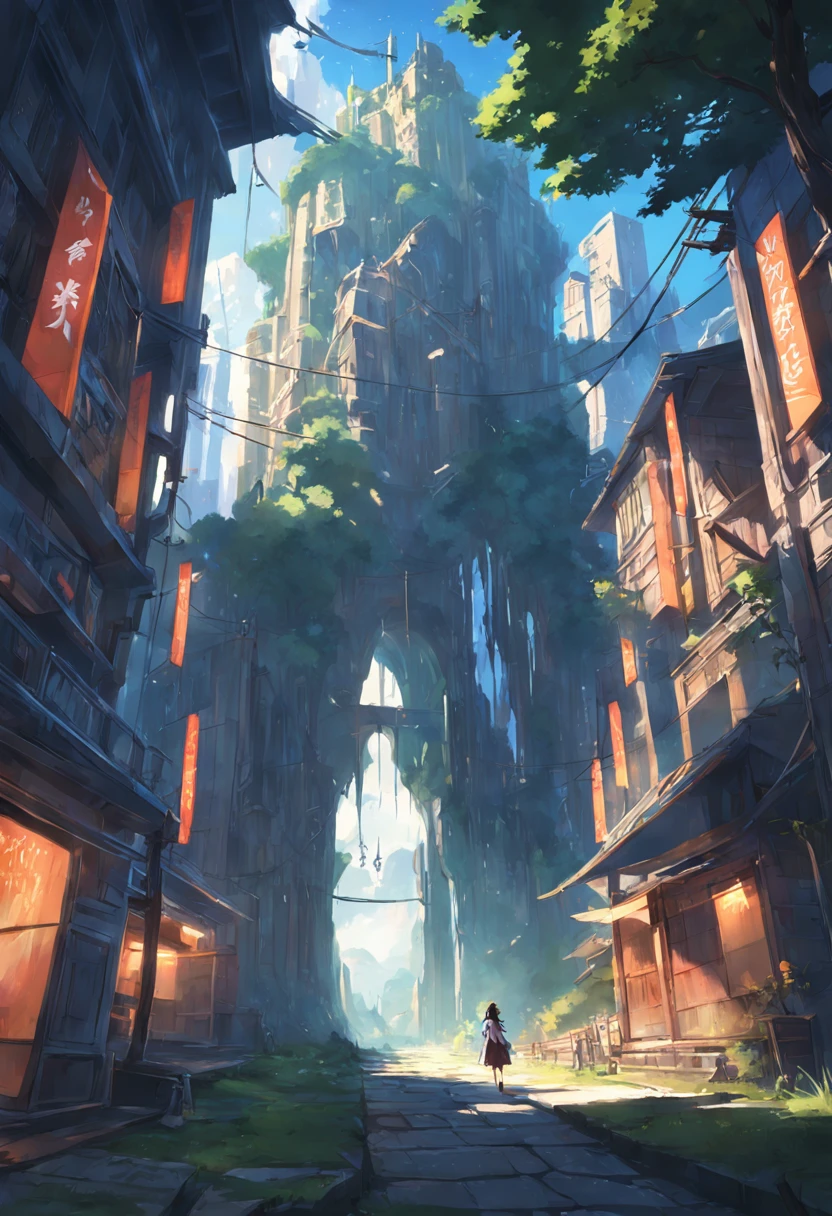 concept-art, shootout, 废墟, Tall structures, Summer scenery, Dynamic Angle, Department of Healing,The light and shadow effects are full