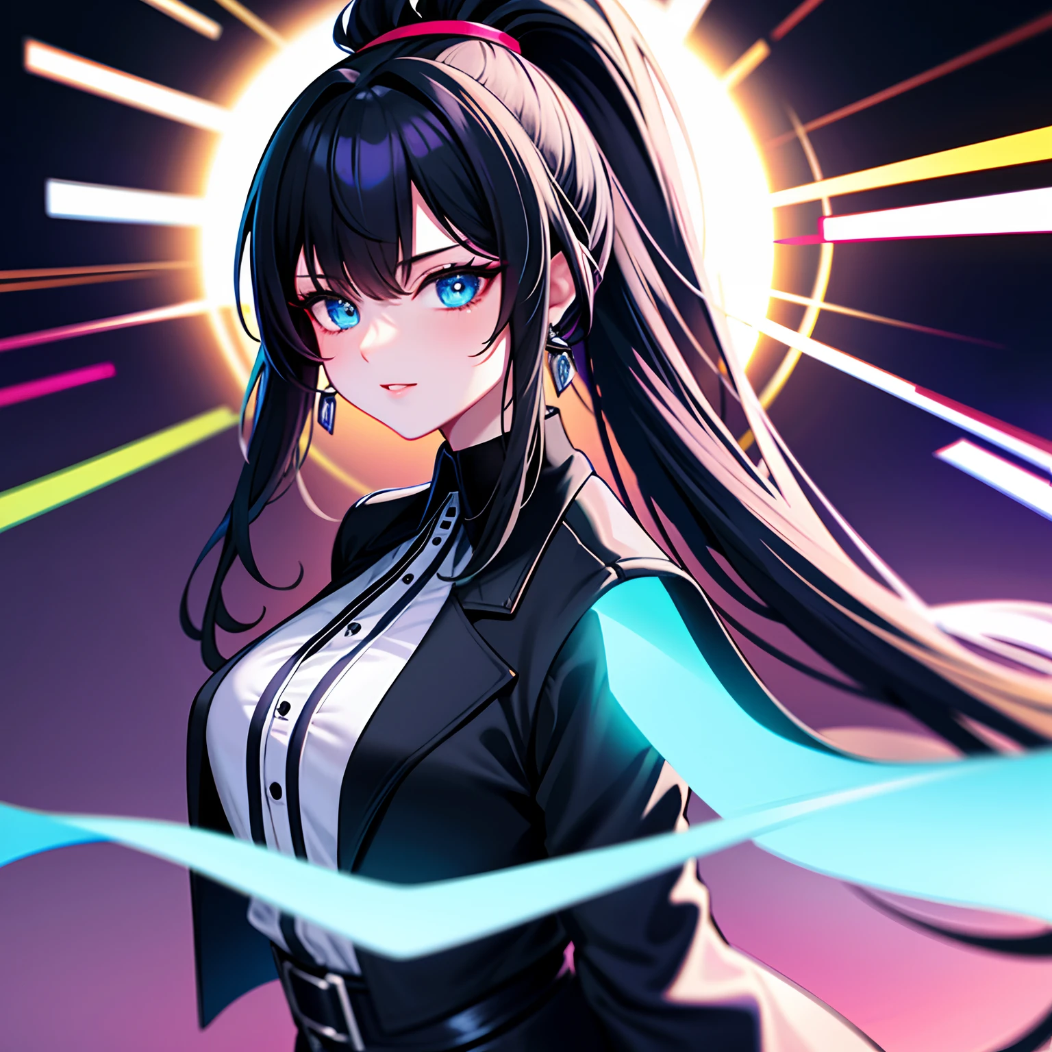 hugefilesizebestquality,highlydetailed,masterpiece,ultra-detailed,extremelydetailedCGunity8kwallpaper,Solo, upper body only, one girl,fashi-girl, long hair, ponytail, black hair, black suspender, gray coat, black collar, metal jewelry, ring earrings, blue eyes, night, neon lights, city, blurred background,