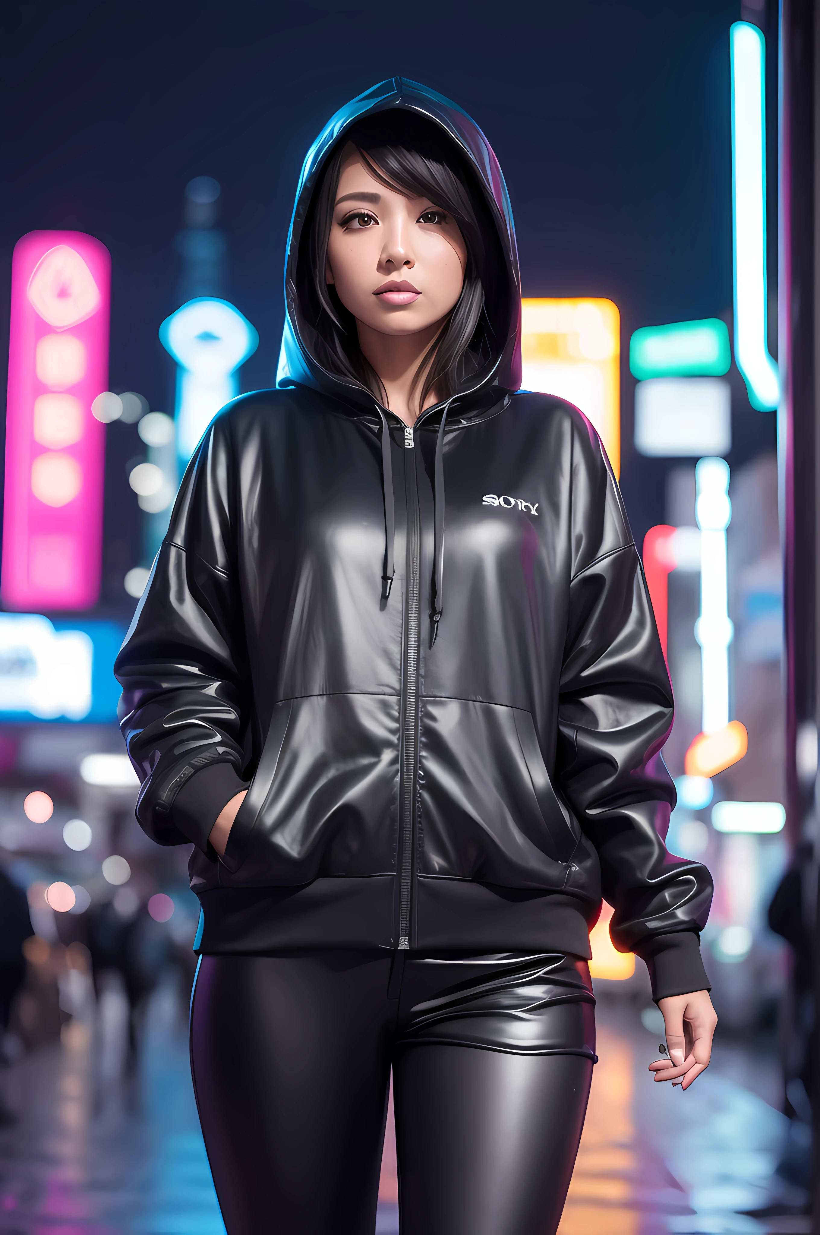 "Woman in a cyberpunk hoodie suit in a city full of neon lights, rodeado de letras. Image must be in 8k resolution, mostrando el cuerpo completo de la mujer desde una vista trasera. Capture the rainy atmosphere with a SONY Alpha A2 camera, garantizando una calidad ultradetallada y UHD."