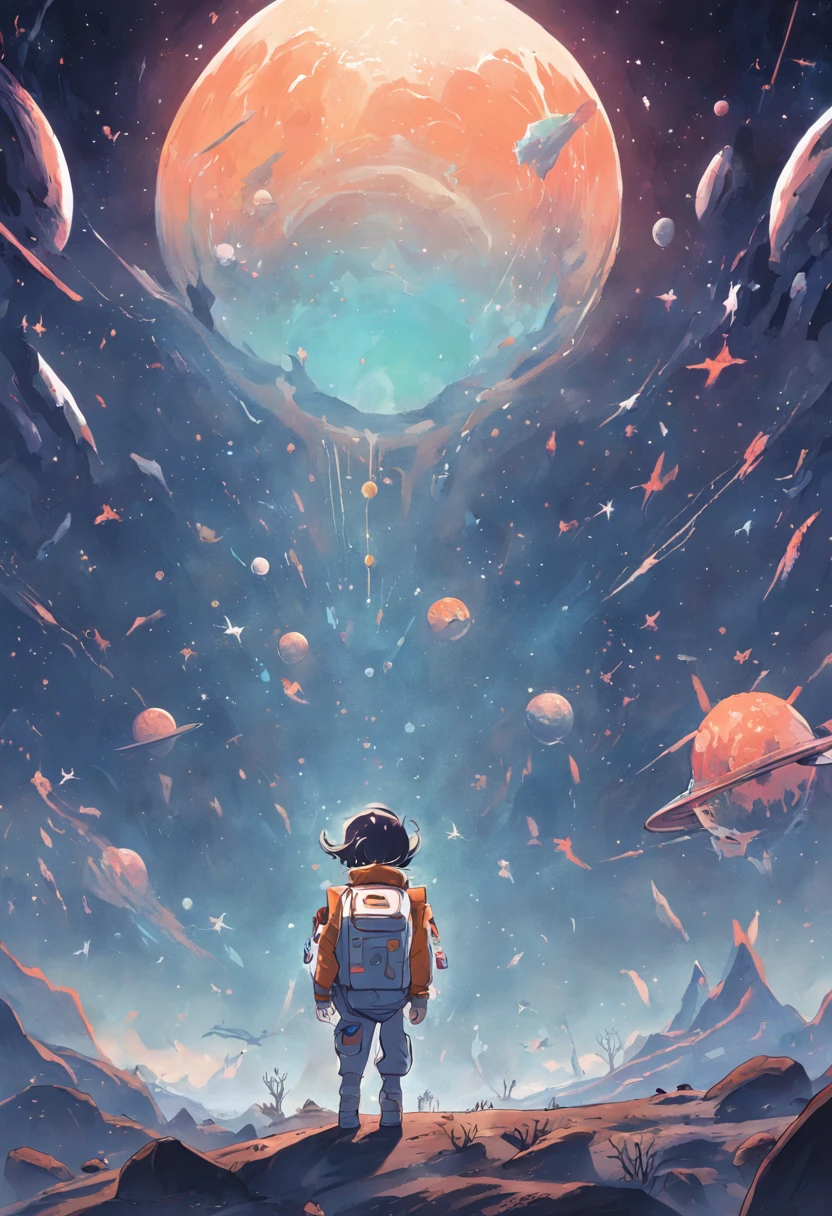 Exhilarating space adventure with children's picture book, Young astronauts embark on a journey to explore distant planets. The starry sky illuminated their path, A friendly crescent moon brightens the horizon. The landscape of this planet is fantastic, With whimsical mountains and imaginative alien flora. When the spacecraft lands on an alien land，The feeling of discovery and wonder fills the air. Delightful line art，Available for coloring by young artists, Capture the magic of exploration