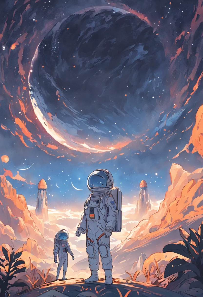 Exhilarating space adventure with children's picture book, Young astronauts embark on a journey to explore distant planets. The starry sky illuminated their path, A friendly crescent moon brightens the horizon. The landscape of this planet is fantastic, With whimsical mountains and imaginative alien flora. When the spacecraft lands on an alien land,The feeling of discovery and wonder fills the air. Delightful line art,Available for coloring by young artists, Capture the magic of exploration