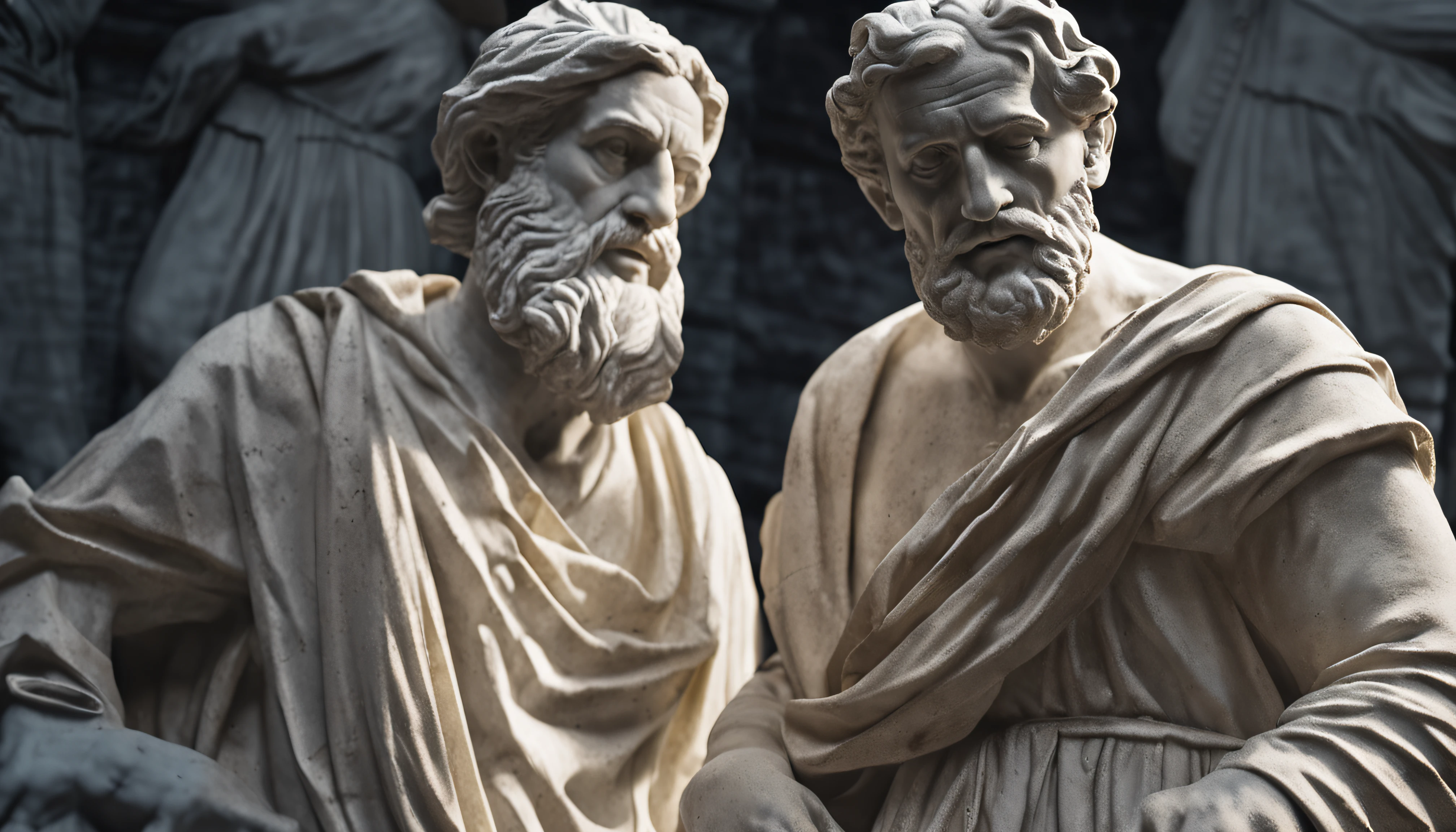Design background poster for YouTube video ,Best quality, Masterpiece, statue close-up Portrait of a ancient Greek philosopher wearing historical clothes standing beside Contemporary philosopher from the 20th century wearing modern clothes, both of them looking to the camera, dark background, cinematic lighting, true colors , (photograph realistic:1.4), surrealism, Dream-like, shadow magic, darkness control, stealth, shadow step, umbral spells, hidden blade,