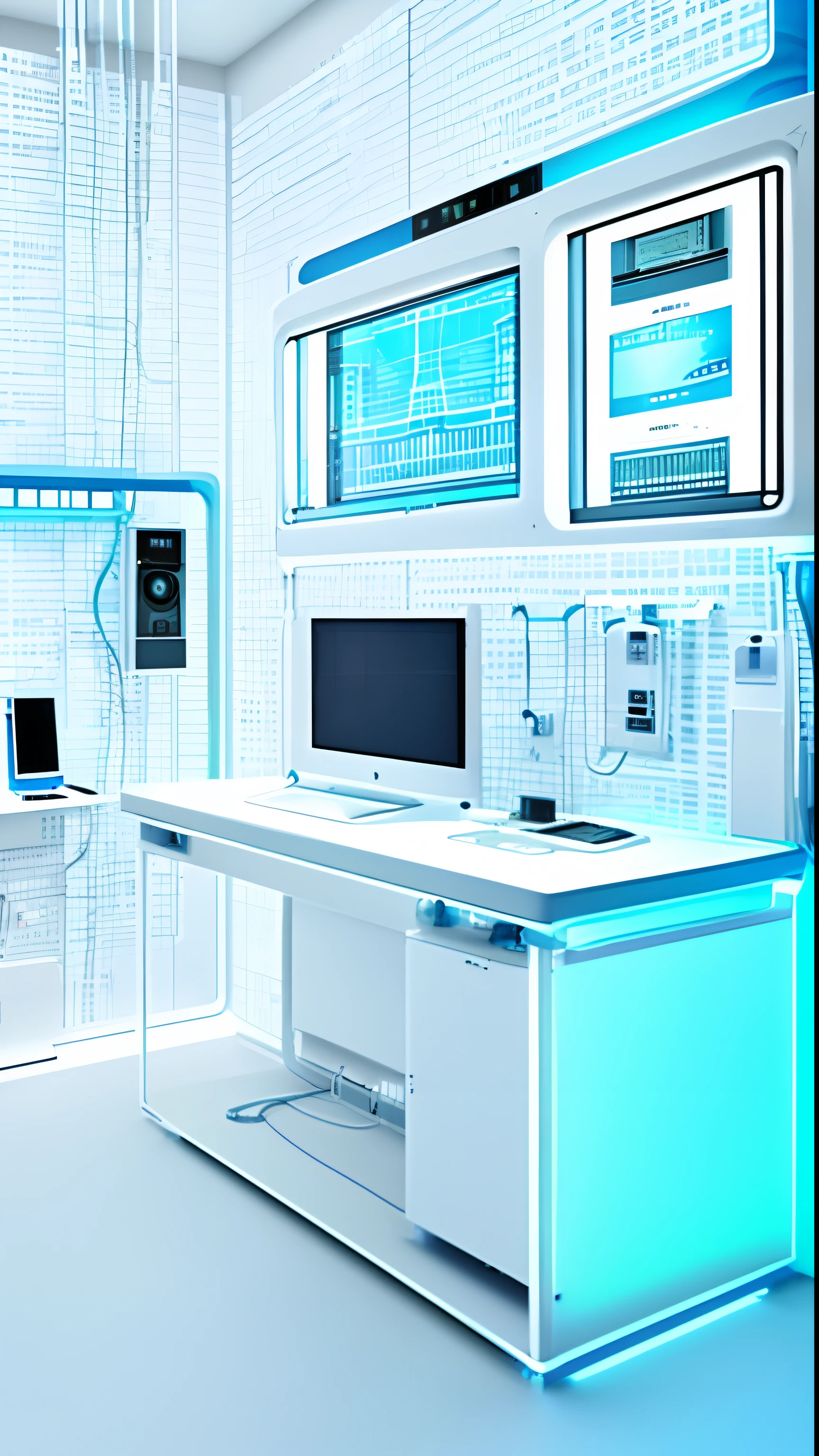 There is a studio with wires and sinks, digital medical equipment, efficiently, Advanced technology, digital screens on the walls, photo taken in 2018, Technology, in the background, photograph of 3d ios room, holographic interface, Realphotos, still image, the are In the background, amazingly composed image, high - tech, high - tech
