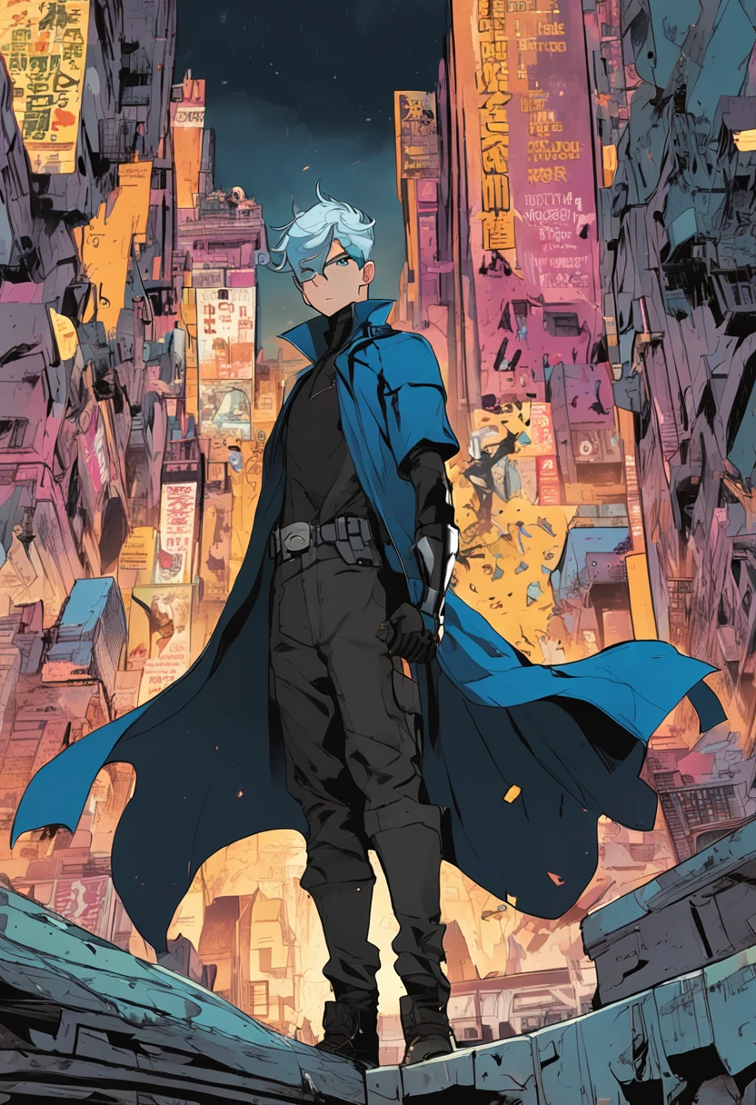 a -yeld maith blue hair and black eyes, wears a black superhero outfit similar to a spy uniform with a tattered yellow cape, an aura of shadows appears behind him, his back on top of a building and is watching a city in ruins, anime, novel cover