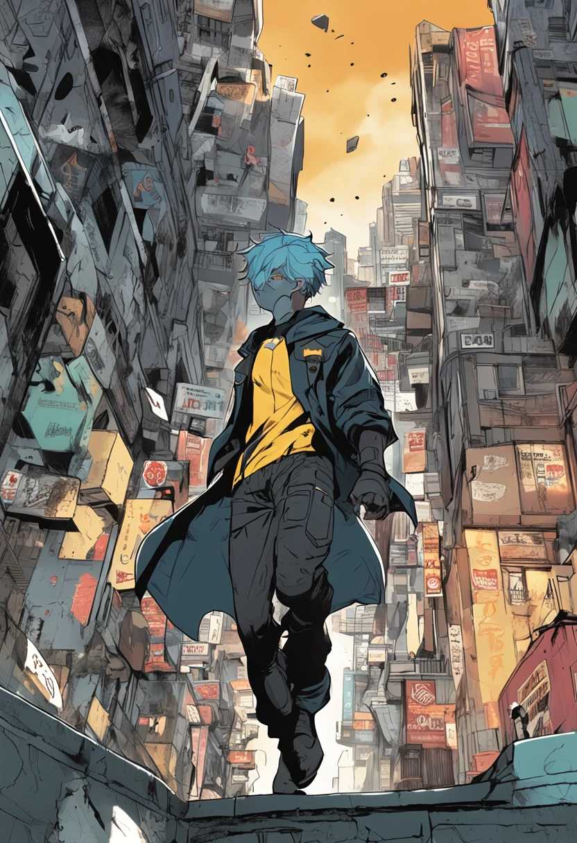 a -yeld maith blue hair and black eyes, wears a black superhero outfit similar to a spy uniform with a tattered yellow cape, an aura of shadows appears behind him, his back on top of a building and is watching a city in ruins, anime, novel cover