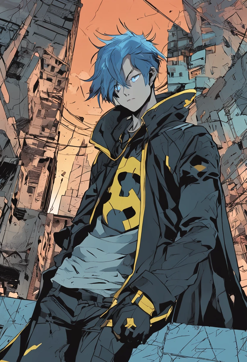 a -yeld maith blue hair and black eyes, wears a black superhero outfit similar to a spy uniform with a tattered yellow cape, an aura of shadows appears behind him, his back on top of a building and is watching a city in ruins, anime, novel cover