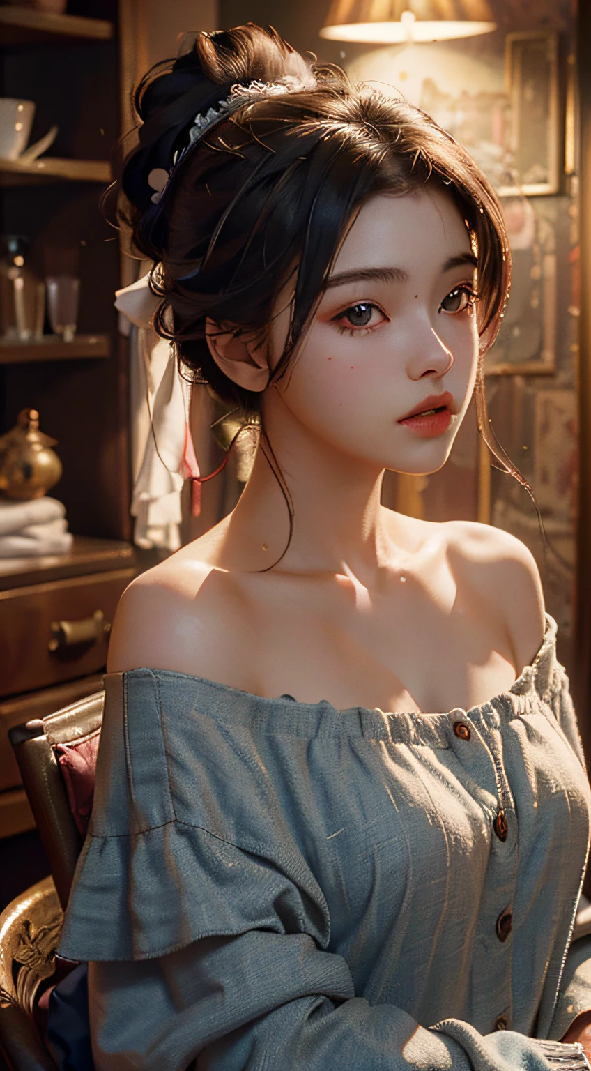 Best quality, masterpiece, ultra high res, (photorealistic:1.4), raw photo, 1girl, off shoulder, cinematic lighting