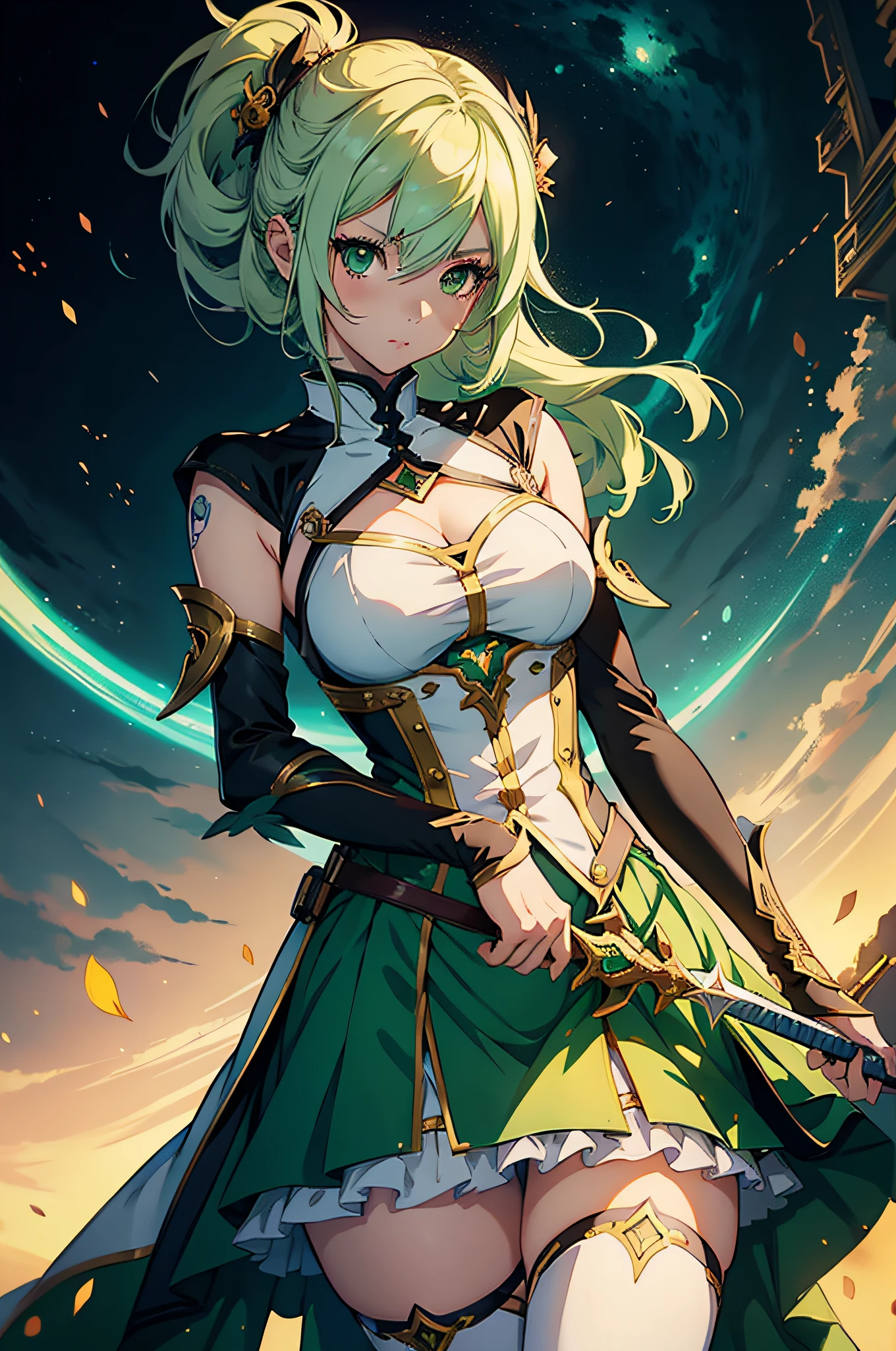 very cute and beautiful anime girl portrait with highly detailed green eyes and pastel yellow hair,  fantasy costume with rapier, in modern anime style, made by ross tran, wlop, laica chrose