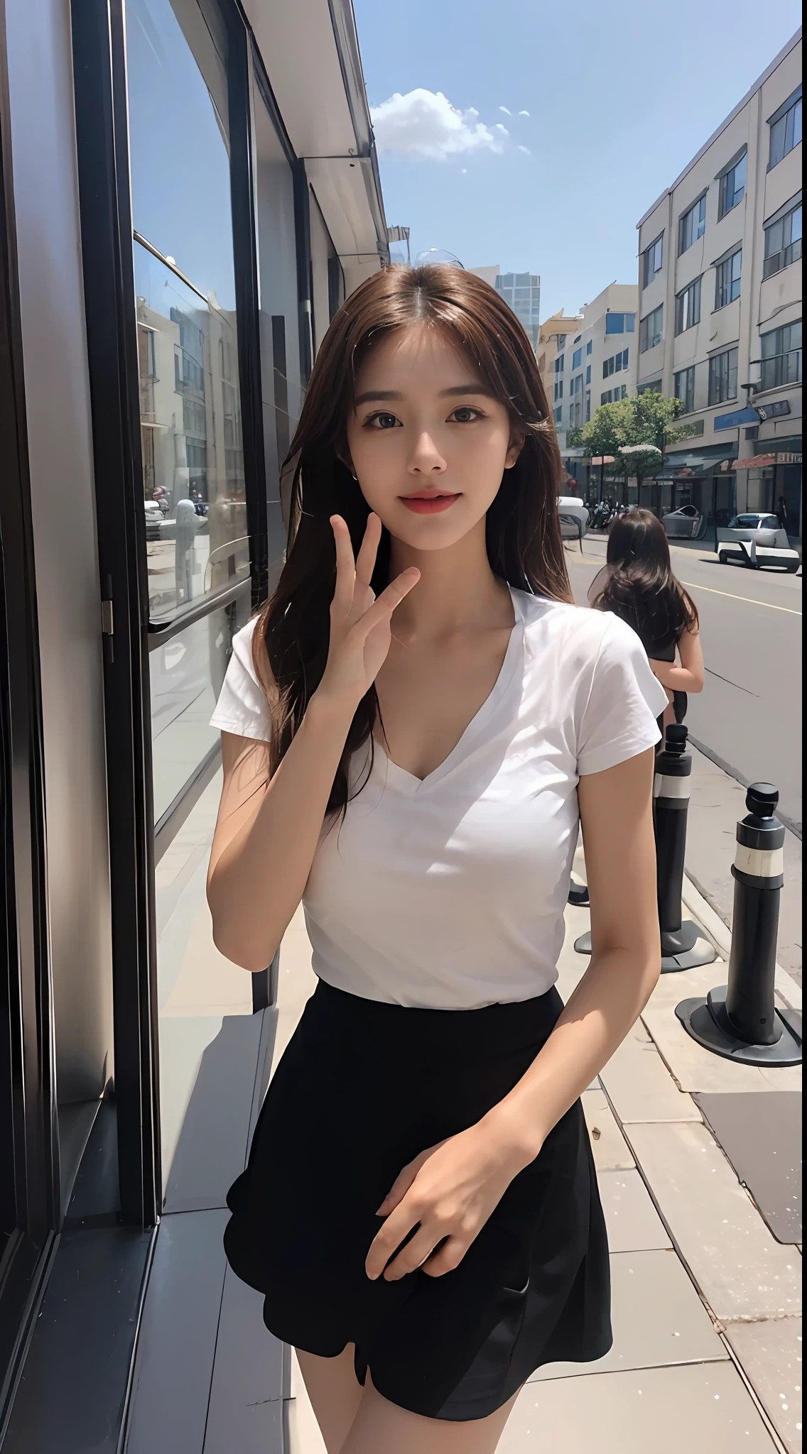 ((Best picture quality, 8K, tmasterpiece: 1.3)), self-shot, Sharp focus: 1.2, A cute beauty with a perfect figure: 1.4, Slim big breasts, ((Brown hair black)) , (whitet-shirt，pleatedskirt，Highly detailed face，Happy expression，standing on your feet：1.2），（（A city with blue skies and white clouds，At the cafe：1.3. Produced with a major focus on women）），Highly detailed facial and skin texture，Detailed eyes，二重まぶた