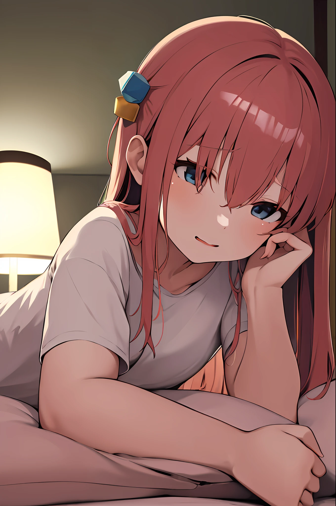 masterpiece, best quality, highres, gotou1, gotou hitori, solo, bangs, hair between eyes, long white pajama, bedroom, sleeping, night, lamp turnoff, pajama pants