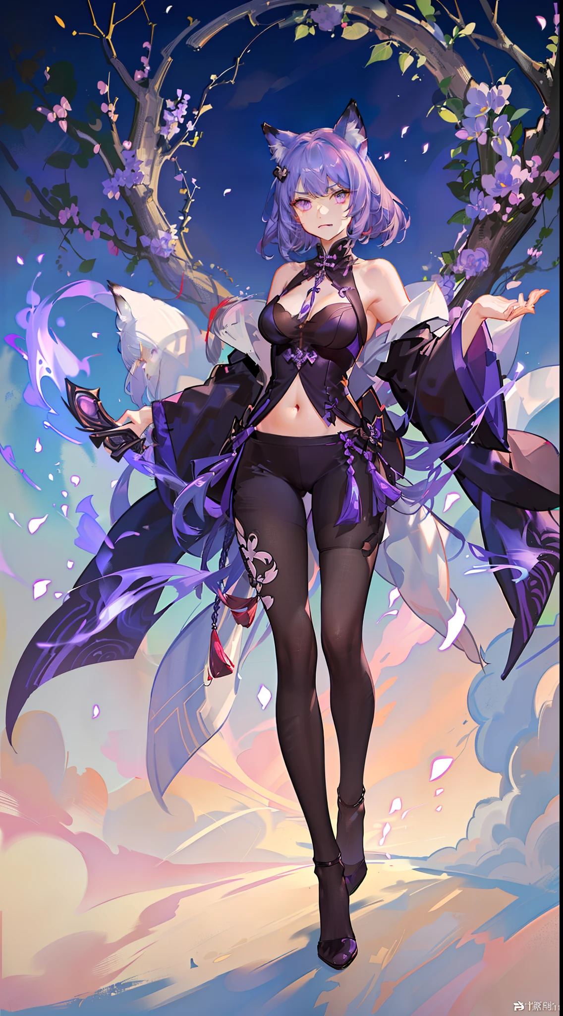 Adult woman, short purple hair with white strands, Fox ears, violet eyes, Chinese Battle Dress, neckline on the chest, open belly, tight pants, Fox tails, angry, Masterpiece, hiquality