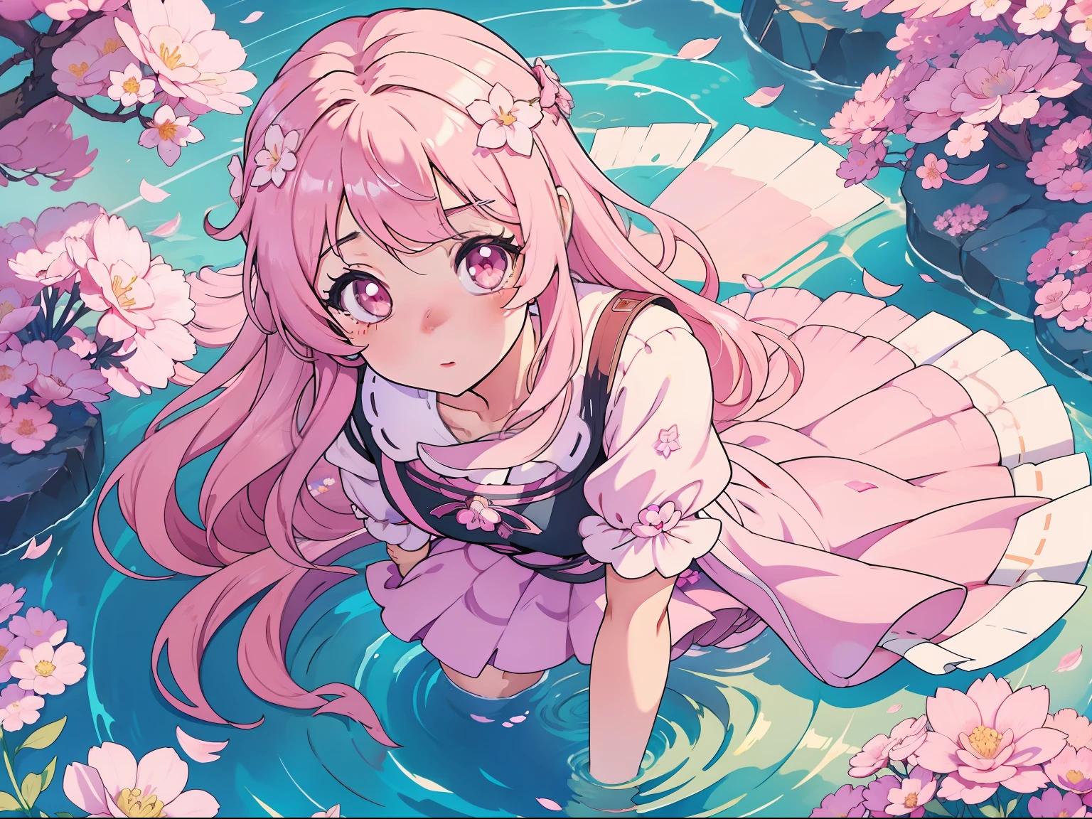 Anime girl standing in a sea of flowers，There are pink flowers on the hair, beautiful anime girl crouching, [ 4 K digital art ]!!, Smooth anime CG art, loli in dress, seductive anime girls, Guviz, Beautiful anime girl, anime visual of a cute girl, anime moe art style, cute anime waifu in a nice dress, pretty anime girl