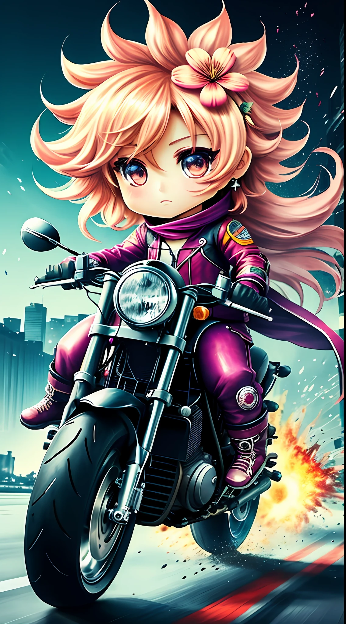 motorcycle,flower,character,Chibi,real,art, explosion,
yang08k, photography, beautiful,  colorful,realistic,
masterpieces, top quality, best quality, official art, beautiful and aesthetic,