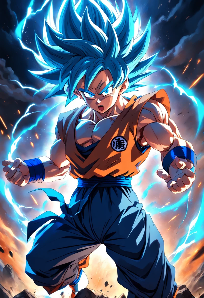 Super Four Goku,at the battlefield,Black shawl hair,Super Blue Goku,at the battlefield,blue hairs,Red hair all over the body