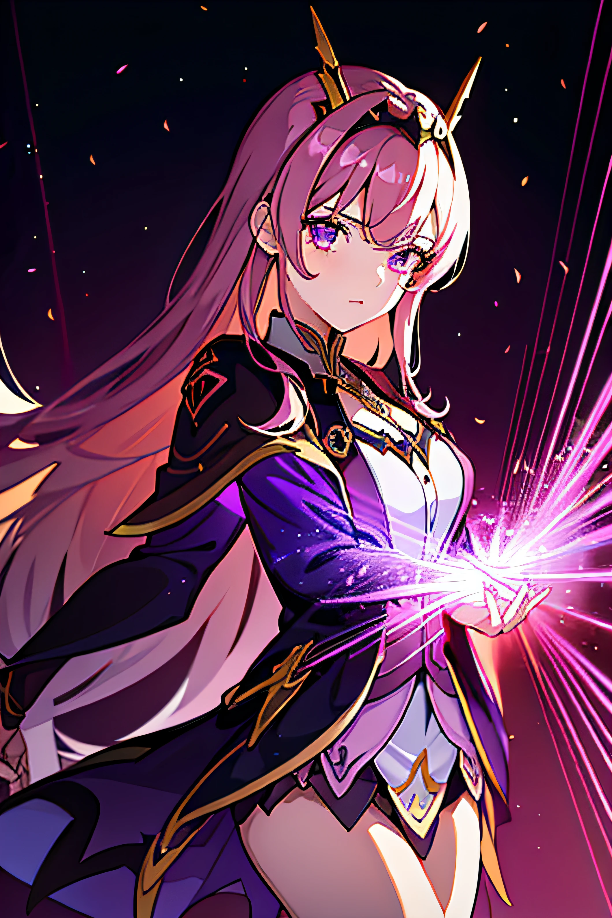 A girl in an anime-style costume in an aerial castle with lightning，Dark purple and light gold style，Xu Beihong，traditional poses，heavyshading，violet colors，scoutcore，Arabic pattern/Reels --ar 45:64-s 750--Niji 5--Original style