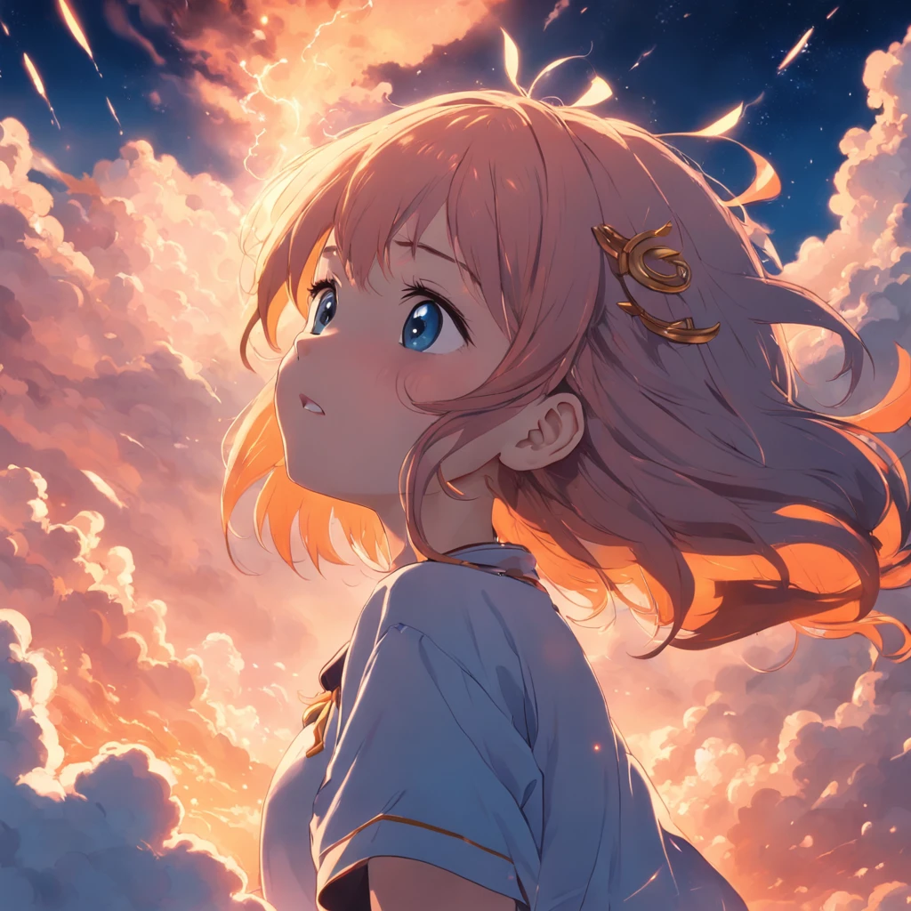 masterpiece, best quality, movie still, 1girl, cloud girl, floating in the sky, close-up, bright, happy, warm soft lighting, sunset, (sparks:0.7)
