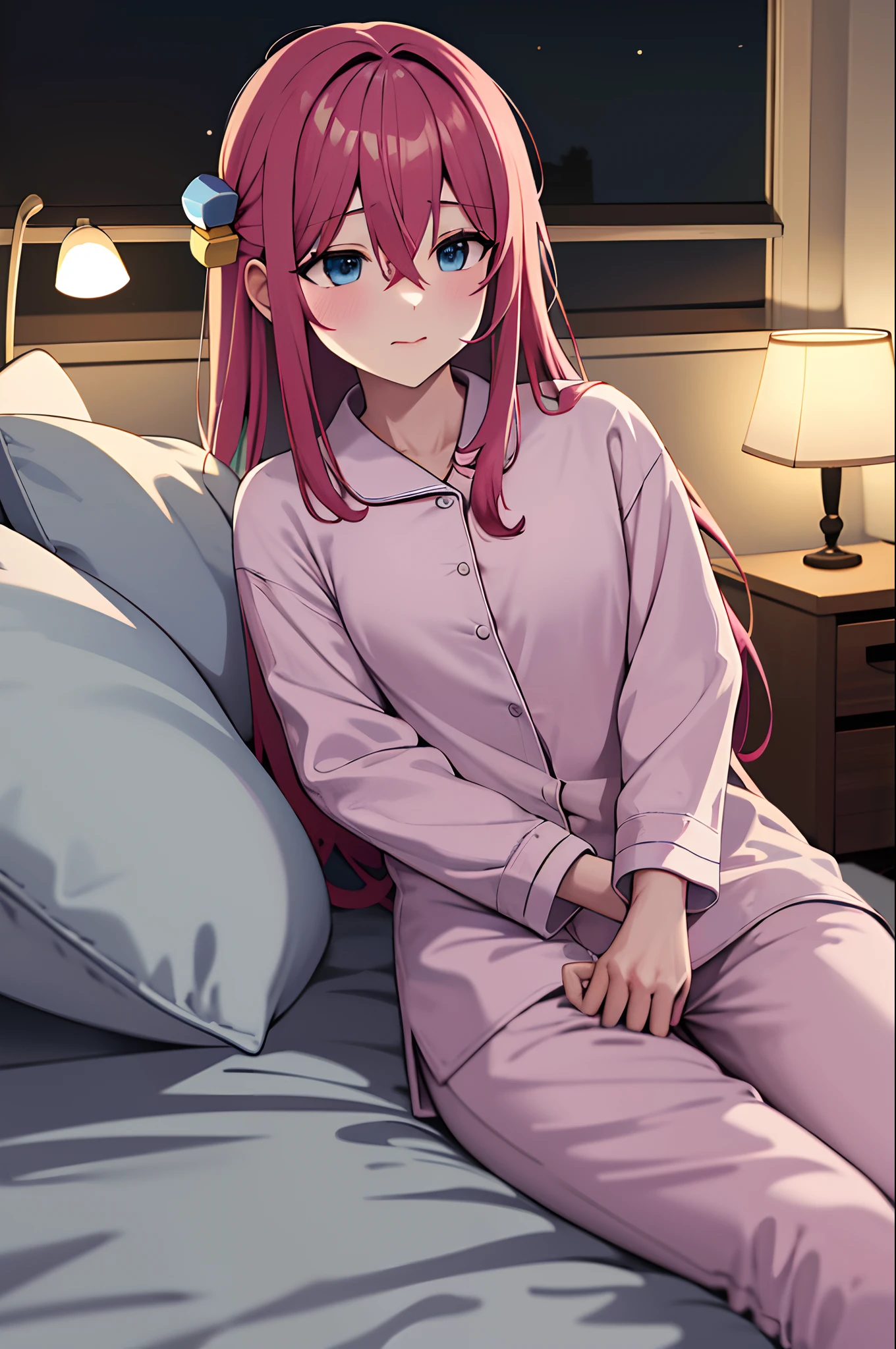 sleeping girl, 22 years ago, realistic, she is wearing long pants, she is wearing pink pajama, brown hair.