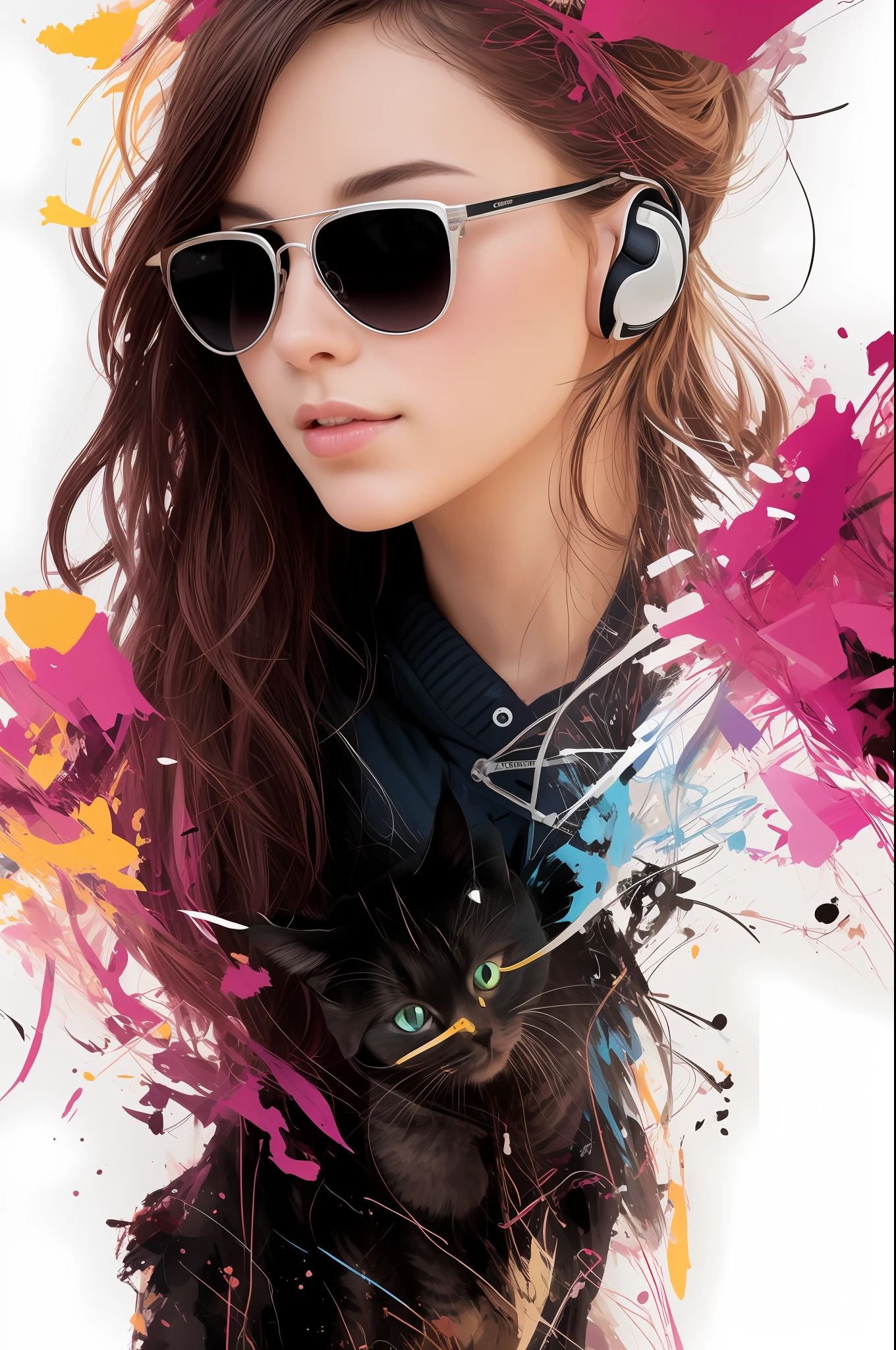 Perfect centering, a cute little cat, Wear a student team jacket, Wearing sunglasses, Wearing headphones, cheerfulness, Standing position, Abstract beauty, Centered, Looking at the camera, Facing the camera, Approaching perfection, Dynamic, Highly detailed, Smooth, Sharp Focus, 8K, hight resolution, Illustration, art by carne griffiths and wadim kashin, White background
