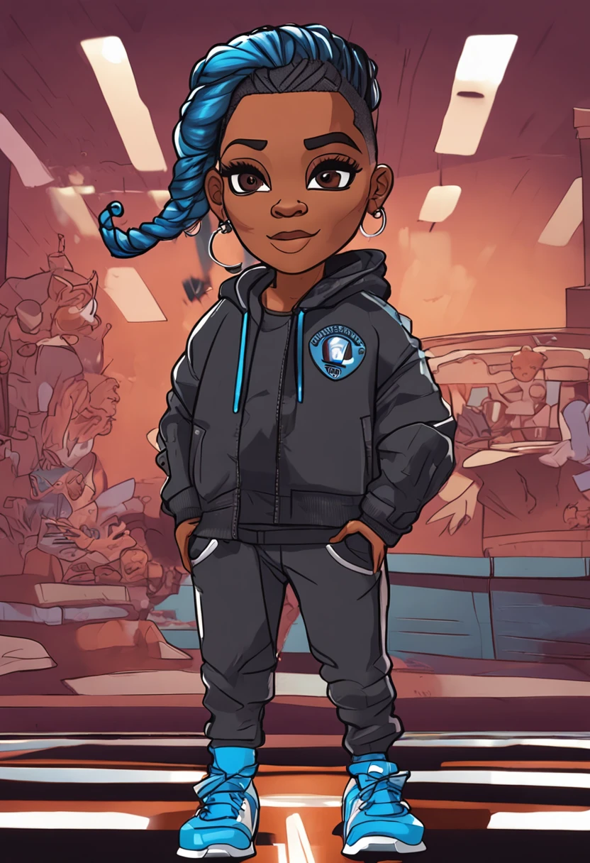 extreme chibi, full body, black jogging suit, blackwomanly, two strand twist updo, TENNESSEE TITANS colors top, sides hair style,