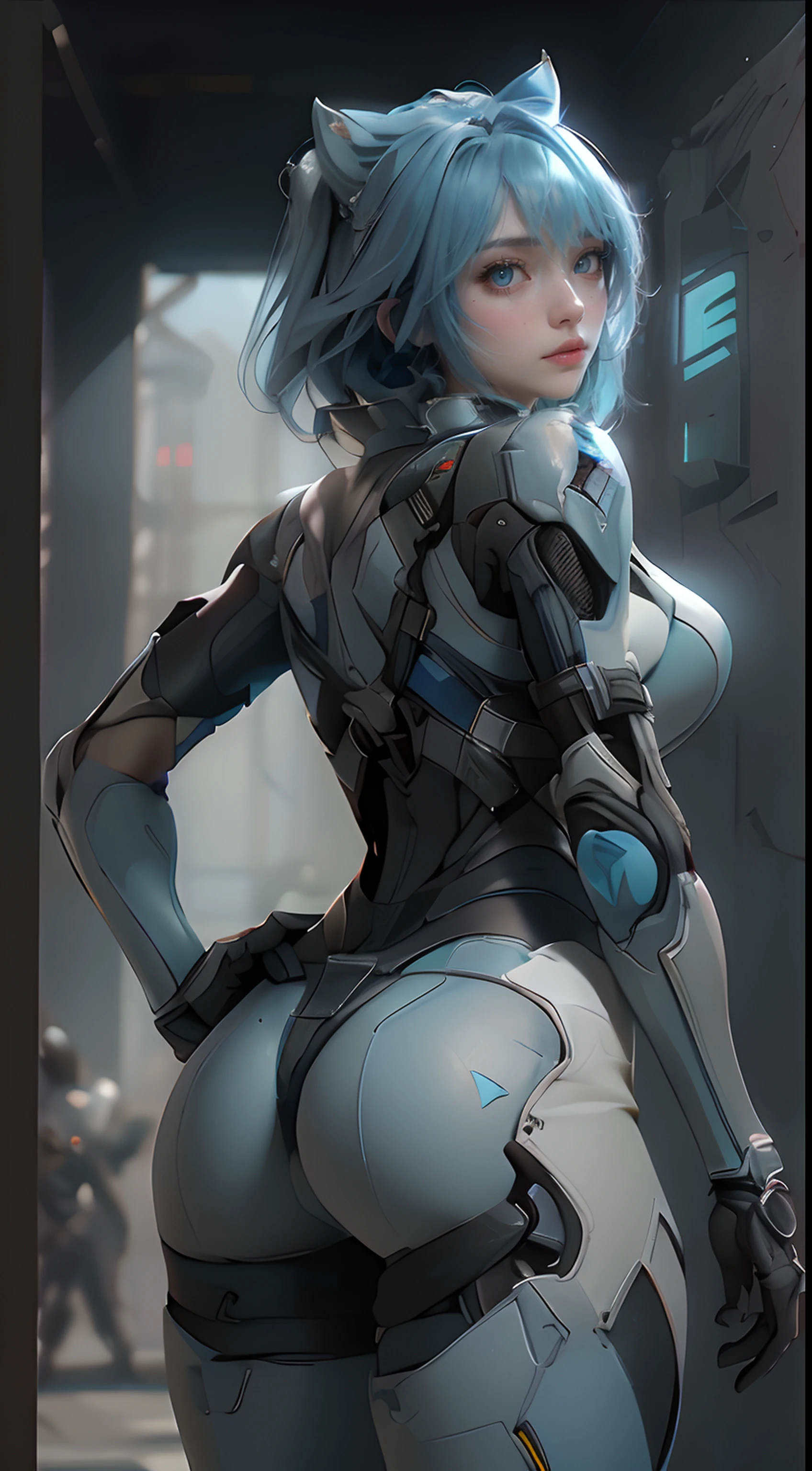 ((Best Quality)), ((Masterpiece)), (Detail: 1.4), 3D,posing from behind A Beautiful Cyberpunk Female Figure, Blue Hair, Mercenary Armor, Cat Ears, HDR (High Dynamic Range), Ray Tracing, NVIDIA RTX, Super-Resolution, Unreal 5, Subsurface Scattering, PBR Texture, Post-Processing, Anisotropic Filtering, Depth of Field, Maximum Sharpness and Sharpness, Multi-layer Texture, Albedo and Highlight Map, Surface shading, Accurate simulation of light-material interactions, Perfect Proportions, Octane Render, Dichroic Light, Large Aperture, Low ISO, White Balance, Rule of Thirds, 8K RAW,