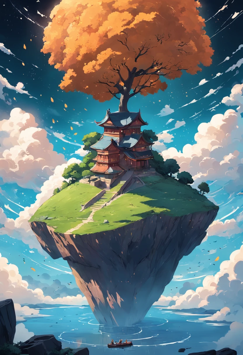 Solitude, Cards, Clouds in the sky, pictogram, hill, tree, Moon, pictogram, floating islands, Artistically