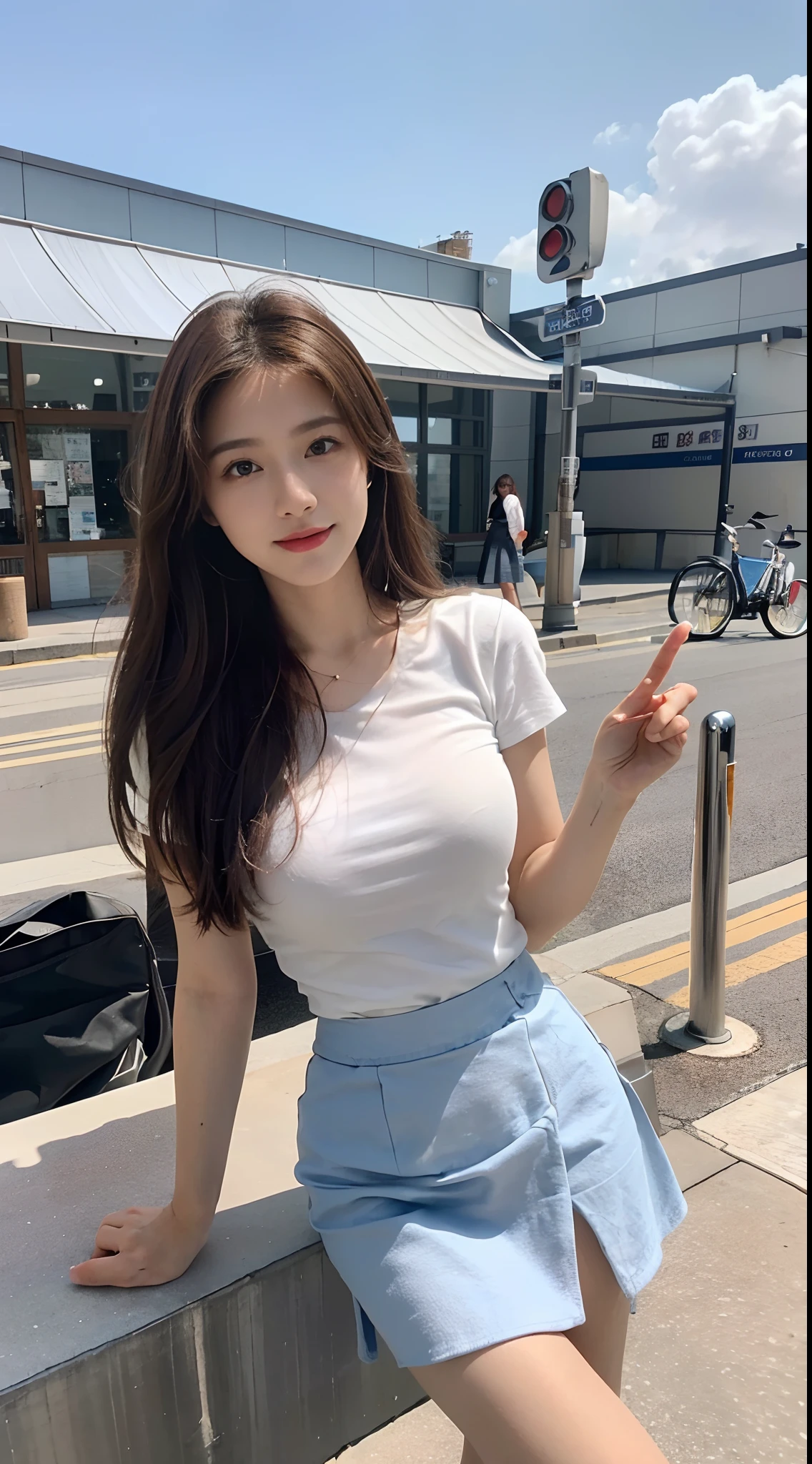 ((Best picture quality, 8K, tmasterpiece: 1.3)), self-shot, Sharp focus: 1.2, A cute beauty with a perfect figure: 1.4, Slim big breasts, ((Brown hair black)) , (whitet-shirt,pleatedskirt,Highly detailed face,Happy expression,standing on your feet:1.2),((A city with blue skies and white clouds,At the cafe:1.3. Produced with a major focus on women)),Highly detailed facial and skin texture,Detailed eyes,二重まぶた