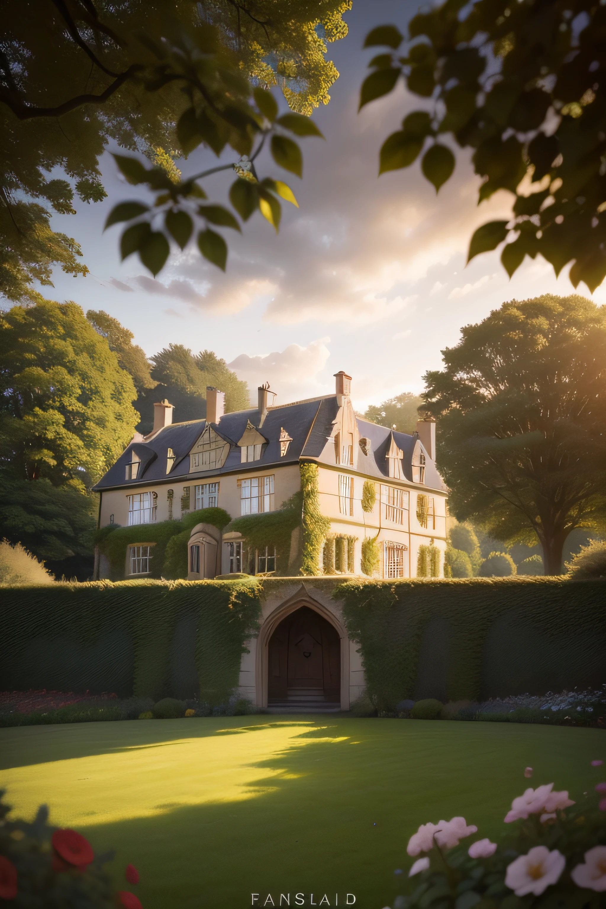 Capture the beauty of a classic English castle in the countryside. Use a Hasselblad camera with a 100mm lens and F 1.2 aperture setting to create a shallow depth of field and blur the background. The castle should be surrounded by lush gardens and trees, with the sun setting in the distance to create a warm, golden light.