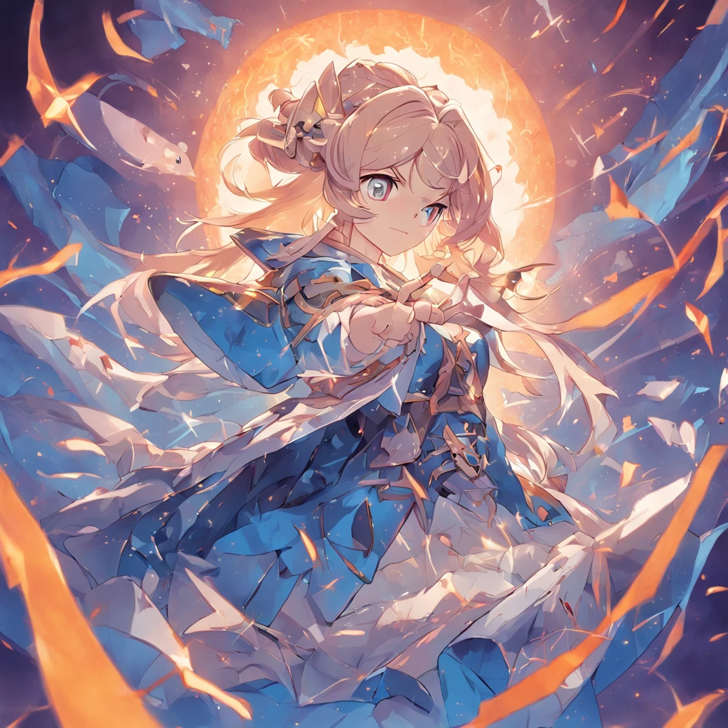 (Blue background:1.4),(summoner war, valkyrja)，(Game illustration:1.3，paper art:1.3, Quilted paper art:1.2),( reasonable design, Clear lines, High sharpness,Best quality, Very detailed, Masterpiece, movie light effect, 4K )