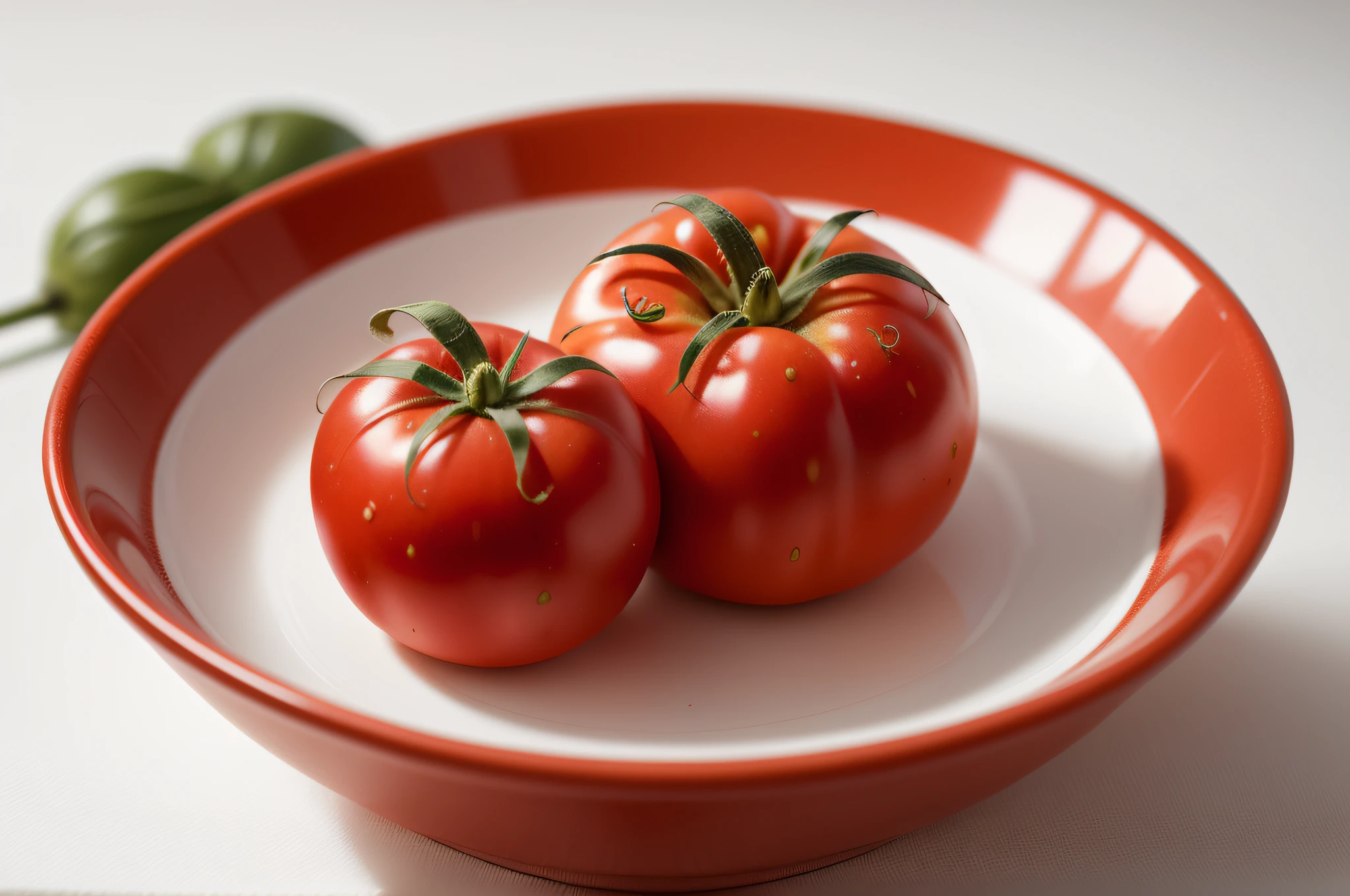 (macro shot:1) real small tomato, top view, (white background:1.3), table top light, hires photo
