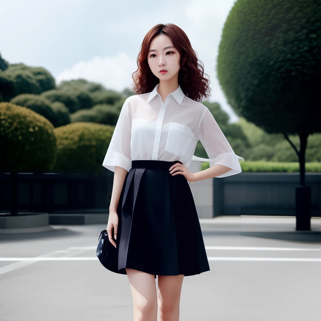 Tan Rui wears slightly curly brown hair,The upper body is wearing a slightly transparent pure white shirt,It's dotted with clouds,The lower body is a hip-wrapped skirt with black silk,Step on a pair of black high heels,The figure is bumpy。