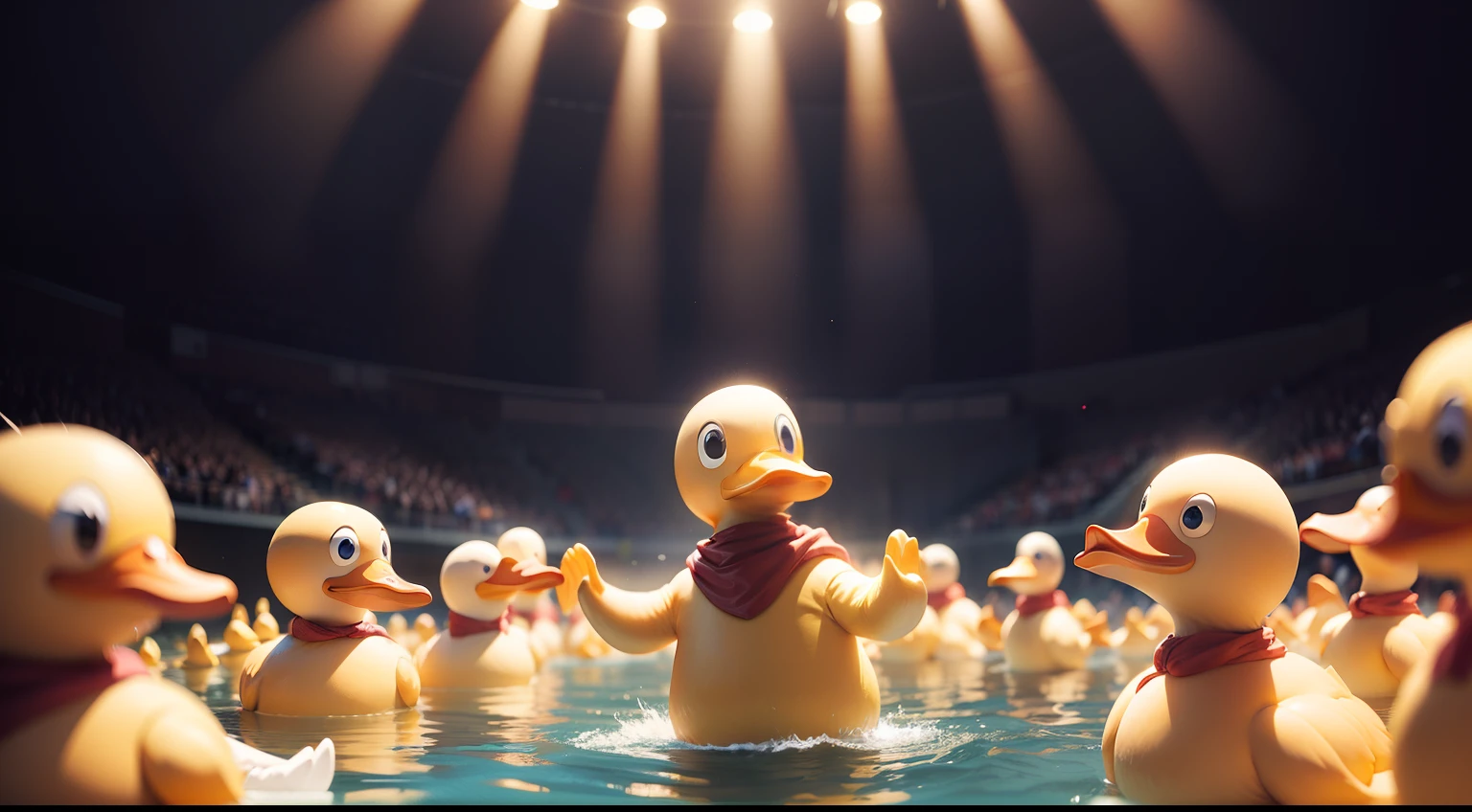 A human-like rubber duck stands at the center of an engaging gathering, exuding a charismatic presence that sparks enthusiasm among the participants.